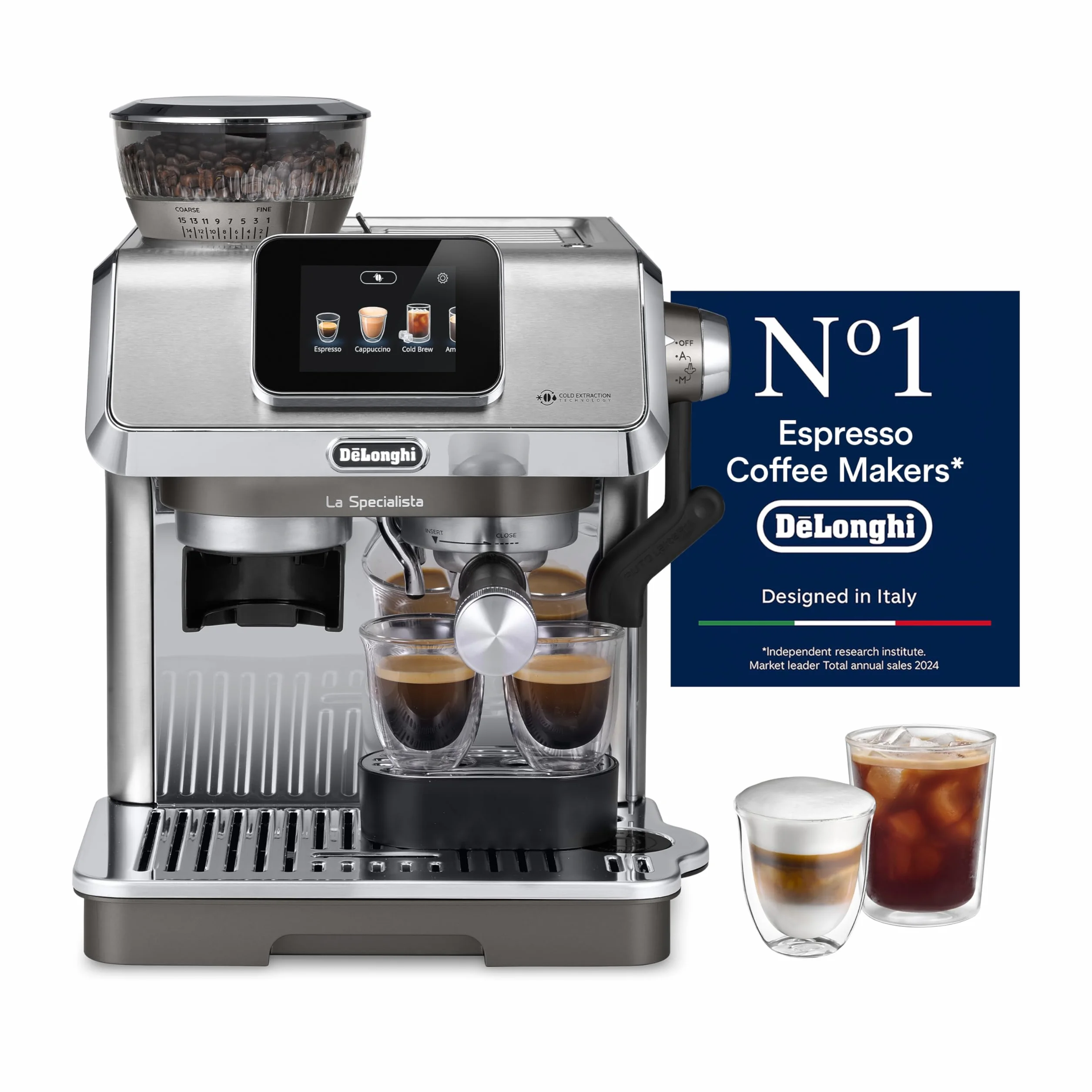 De'Longhi Specjalista dotykowy EC9455.M ekspres do kawy z młynkiem do kawy, funkcja Cold Brew, automatyczne i ręczne spienianie mleka, 10 bezpośrednich przepisów, wyświetlacz dotykowy, w zestawie