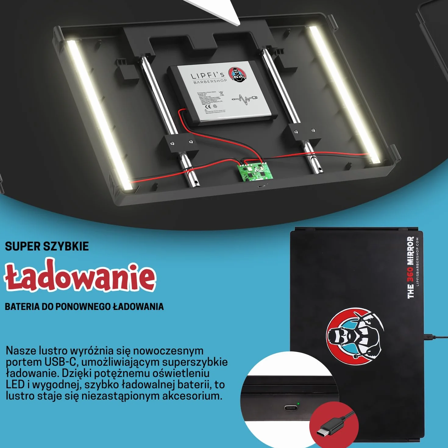 Lustro 360 - Regulowane haczyki teleskopowe - Lustro do samodzielnego strzyżenia dla mężczyzn - Lusto 3-kierunkowe do strzyżenia włosów - Lustr doo samodzielnego strzyżeni (I Z diodą LED I)