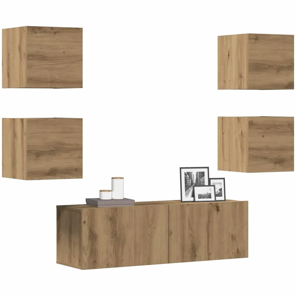 5-częściowy zestaw do montażu na ścianie, dąb Artisan, materiał drewnopochodny, szerokość 100 cm, nowoczesny design, do salonu, konsola medialna, trwała