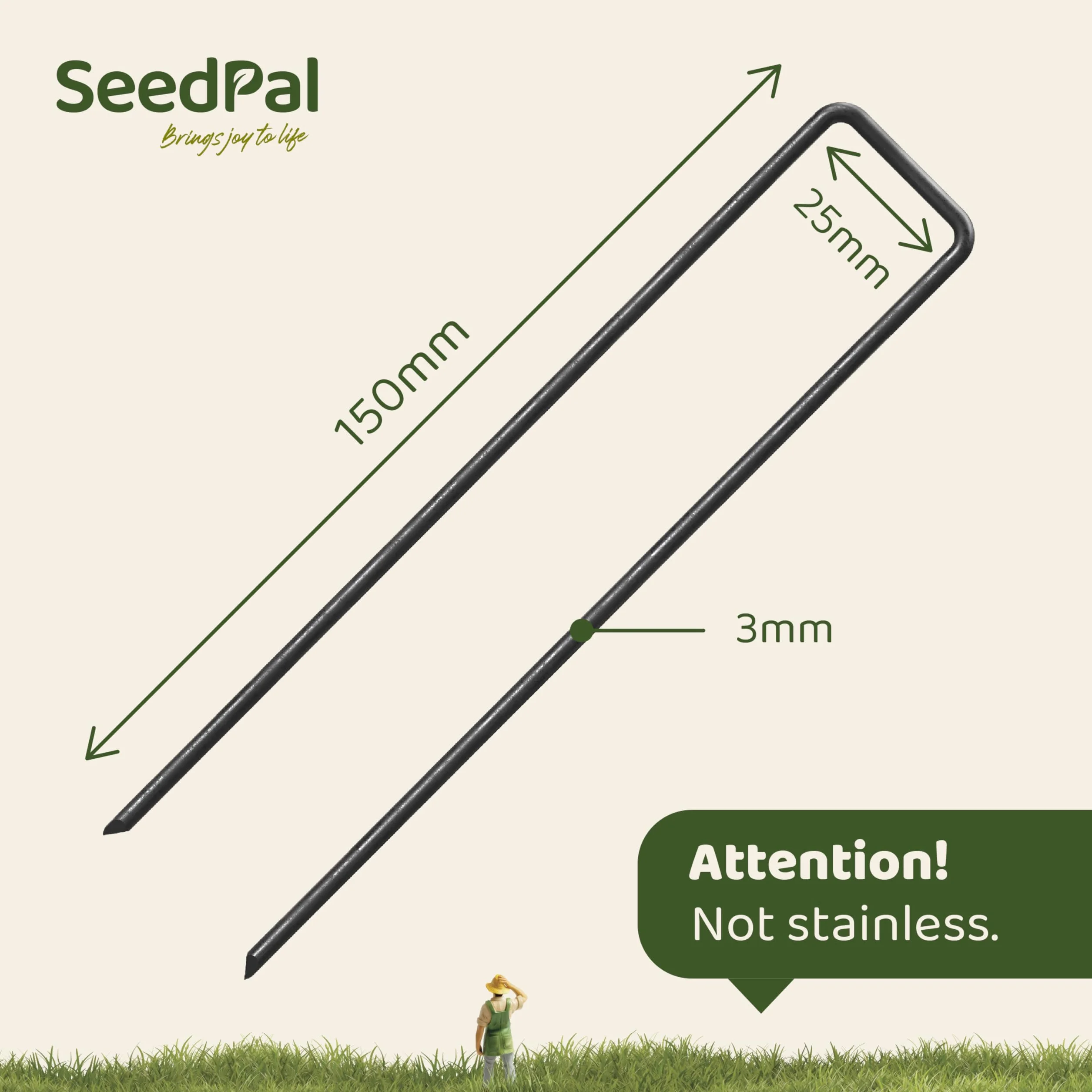 SeedPal 25 szt. kołków do mocowania podłoża, nieocynkowane, stabilne słupki z włókniny, ochrona przed chwastami, ogrodzenie i namiot – 150 mm x 25 mm x Ø 2,7 mm – stalowe śledzie do podłoża, kotwy do