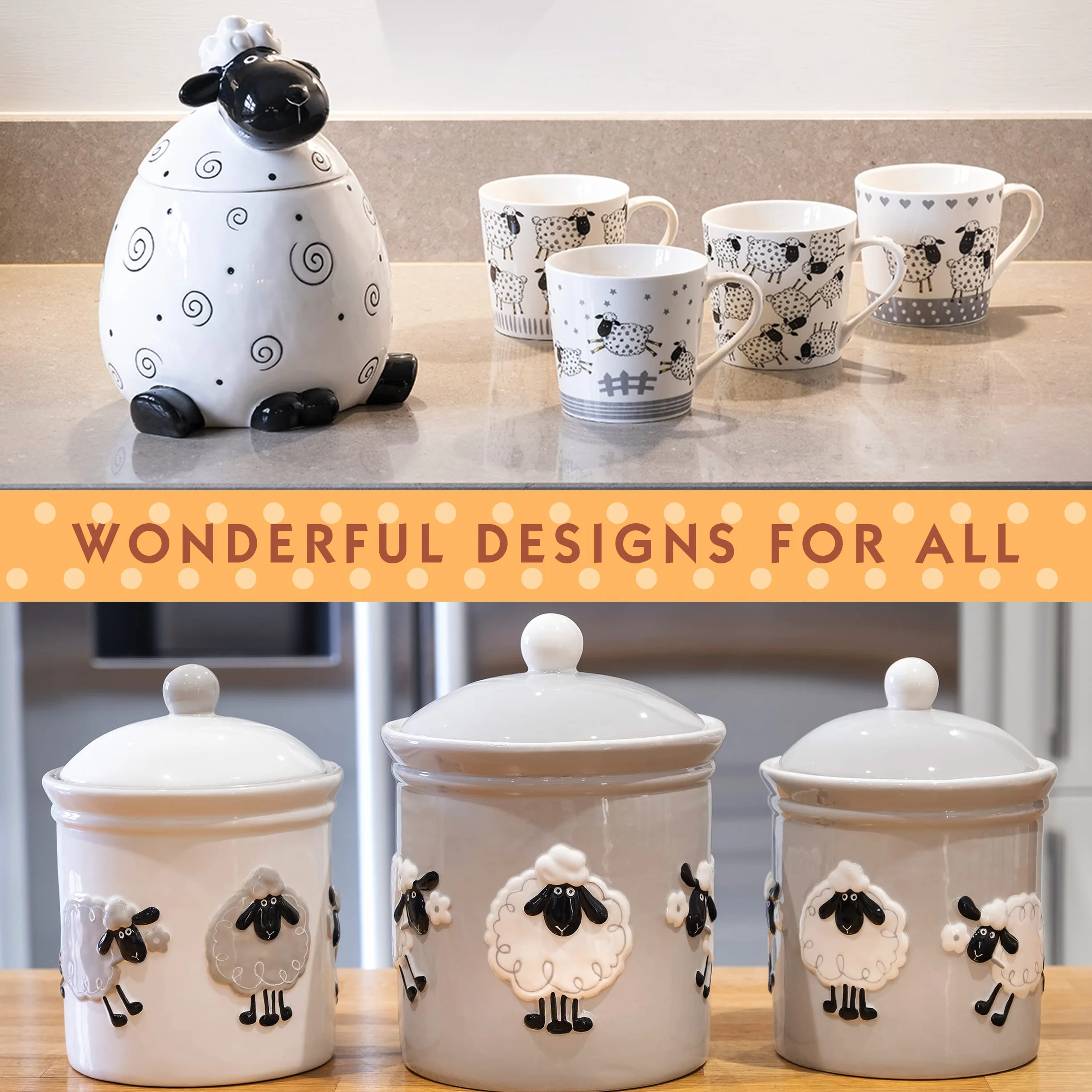SPOTTED DOG GIFT COMPANY Ceramiczne pudełko na ciasteczka, duży słoik do przechowywania cukierków lub smakołyków, uroczy przedmiot kuchenny, prezent dla zakochanych owiec, czarno-biały 2200 ml