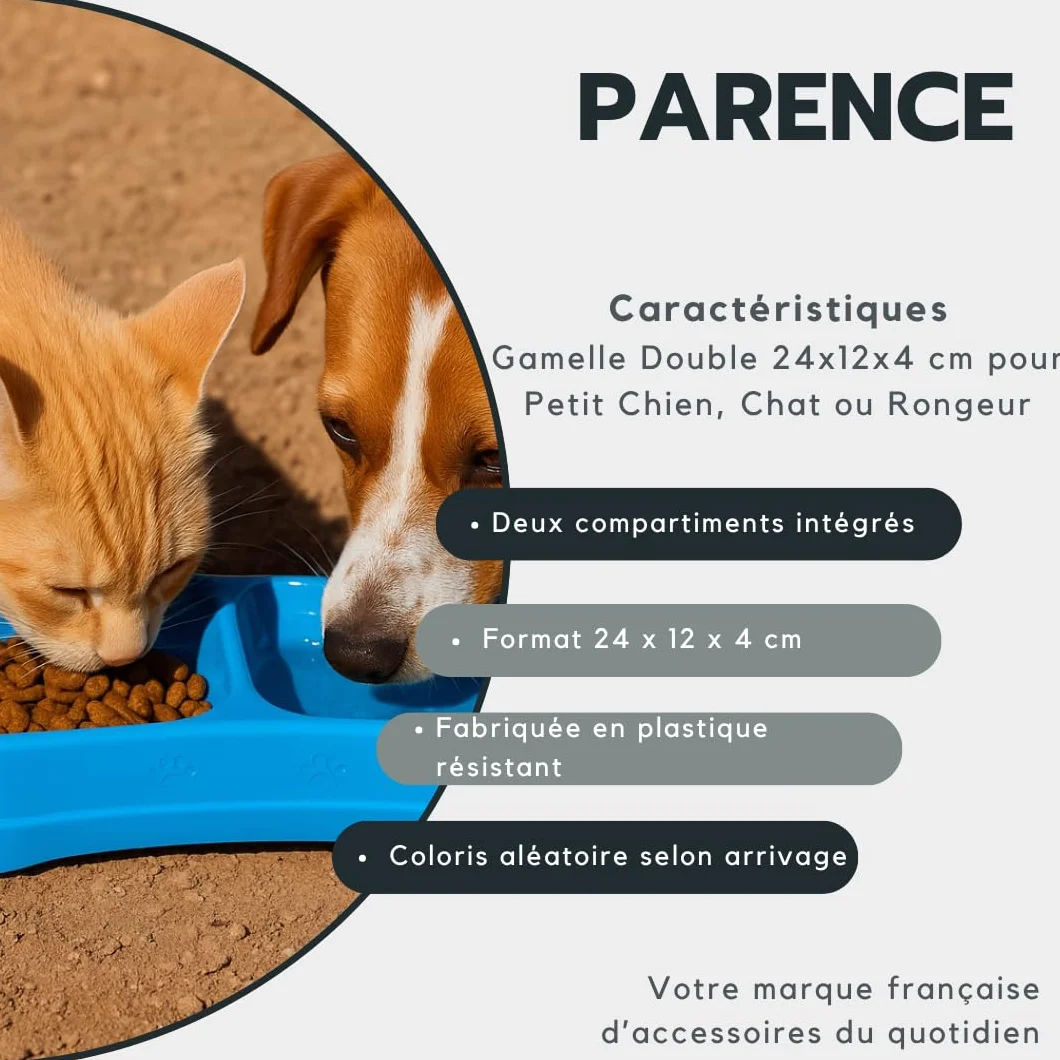 PARENCE Podwójna miska 24 x 12 x 4 cm dla psów kotów gryzoni z 2 przegródkami na suchą karmę i wodę plastik