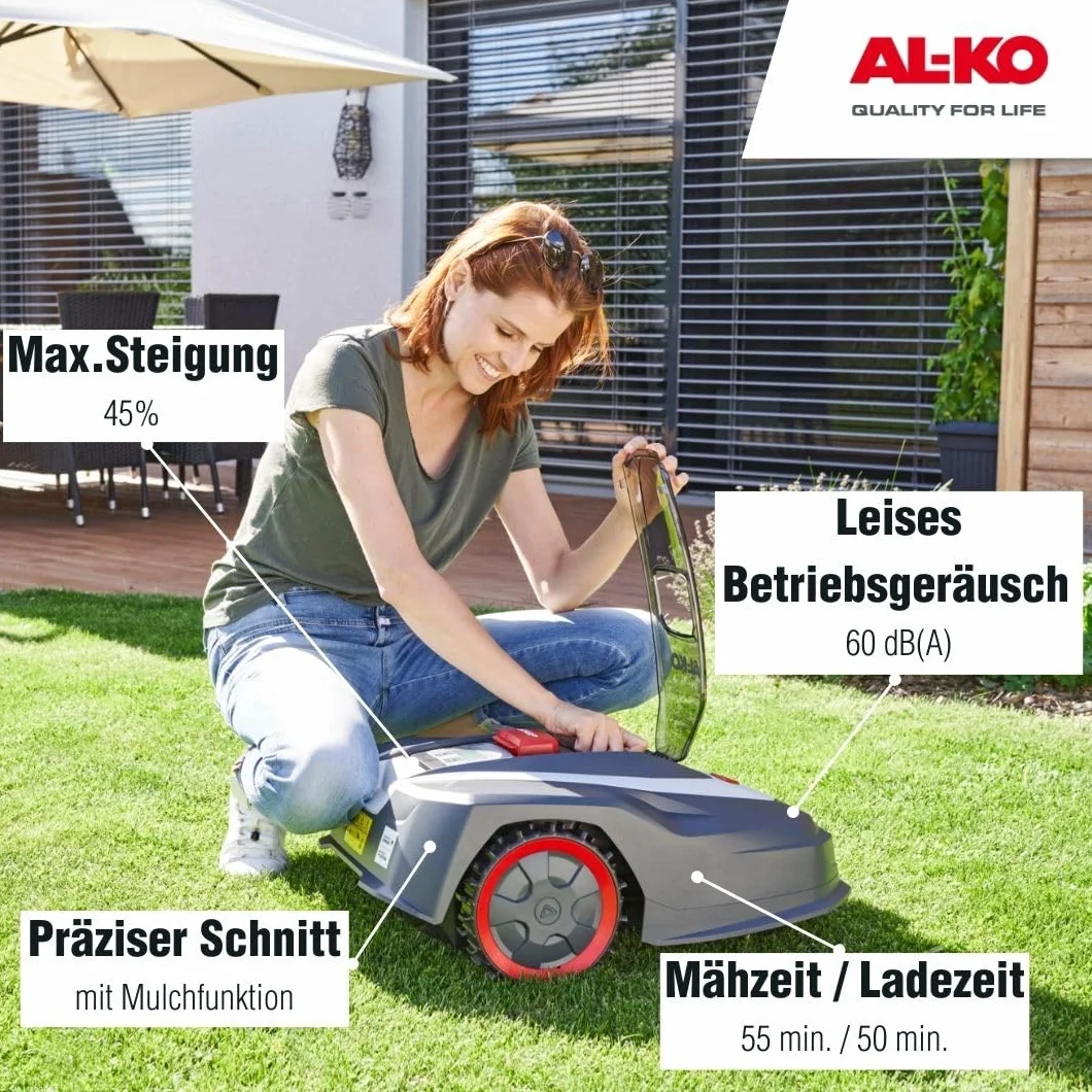 AL-KO Robolinho® robot koszący Robolinho® 550 W, szerokość cięcia 20 cm, akumulator litowo-jonowy 20 V/2,5 Ah, do powierzchni do 550 m², maks. zdolność pokonywania wzniesień 45%, bardzo cicha praca 60