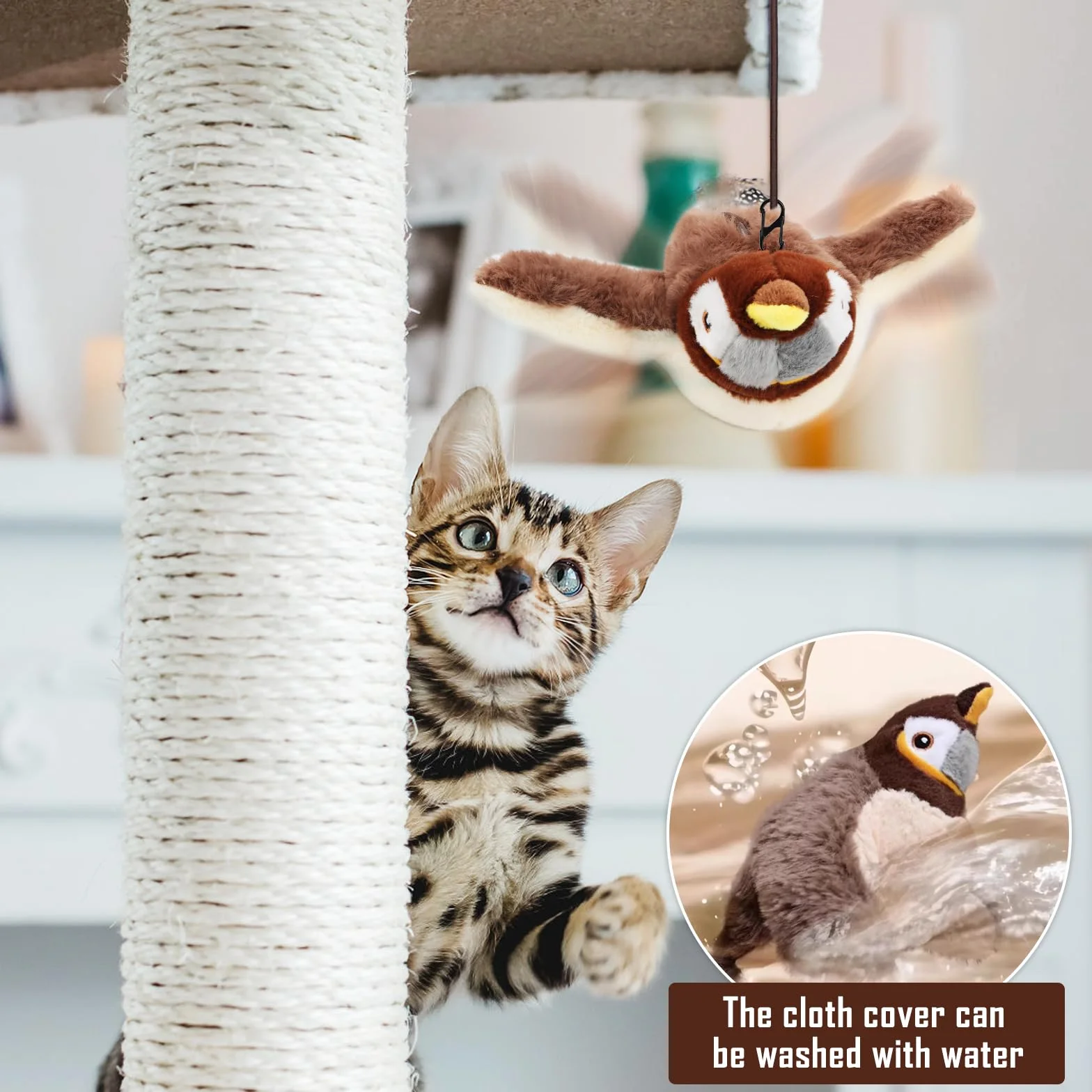 MplehDa Zabawka dla kotów, interaktywna zabawka dla kotów, latający ptak dla kotów, symulowany ćwierkający ptak, Flappy Bird Cat Toy automatyczna zabawka dla kotów