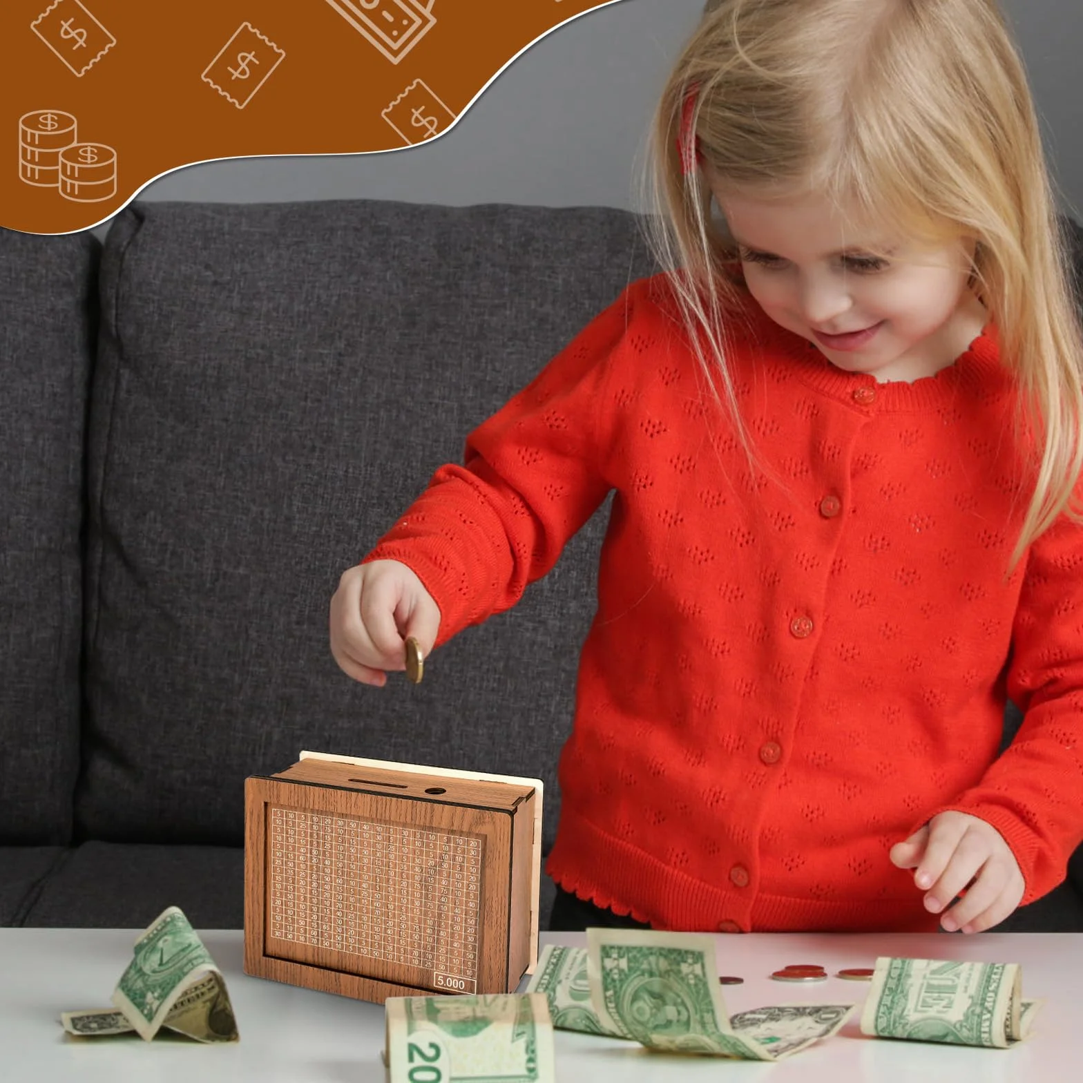 GWHOLE Skarbonka z drewna 5000 € cel retro skarbonka pudełko do przechowywania, pudełko do przechowywania z liczbami, krzyżykiem, świnka skarbonka Fortune Box wielokrotnego użytku, z celem