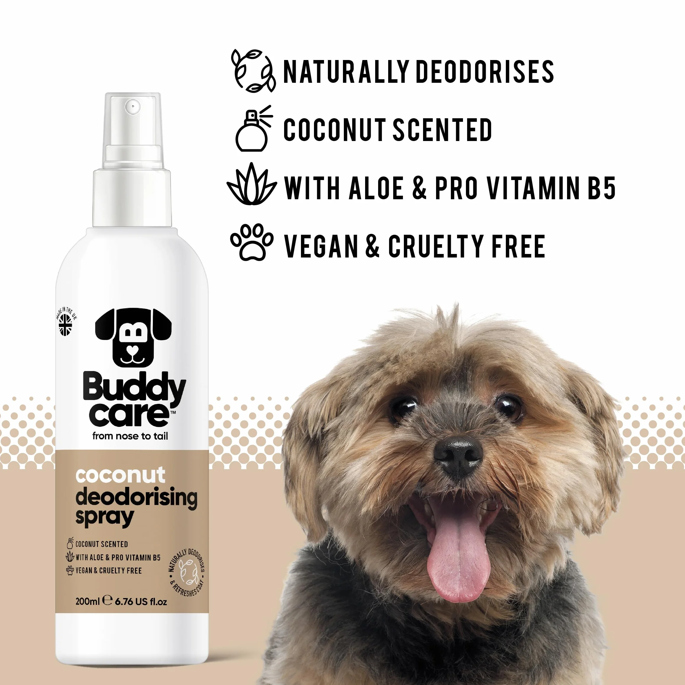 Buddycare Spray dezodoryzujący dla psów orzech kokosowy z aloesem i prowitaminą B5 200 ml