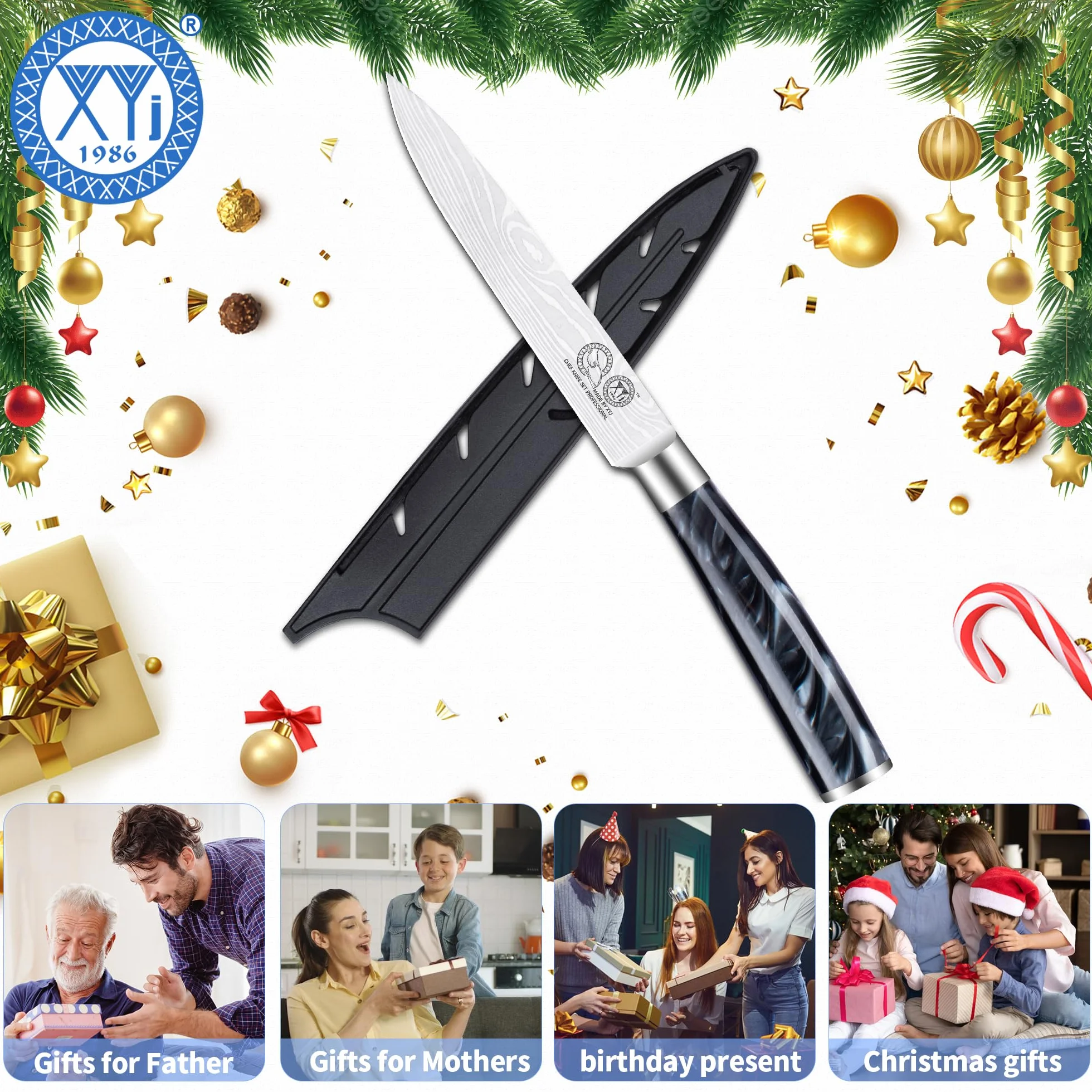 XYJ Authentic Since 1986,5 Inch Stainless Steel Kitchen Utility Knife,Ultra Sharp,Laser Damascus Pattern Japanese Kitchen Knife, Meat Cleaver Steak Cutting Knife With Sheath,Resin Handle