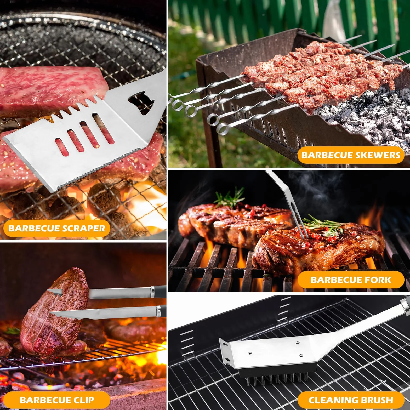 10-częściowy zestaw narzędzi do grillowania ze stali nierdzewnej – przybory do grillowania z szpatułką, szczypcami, widelcem i szczotką do czyszczenia, odporne na wysokie temperatury, akcesoria do