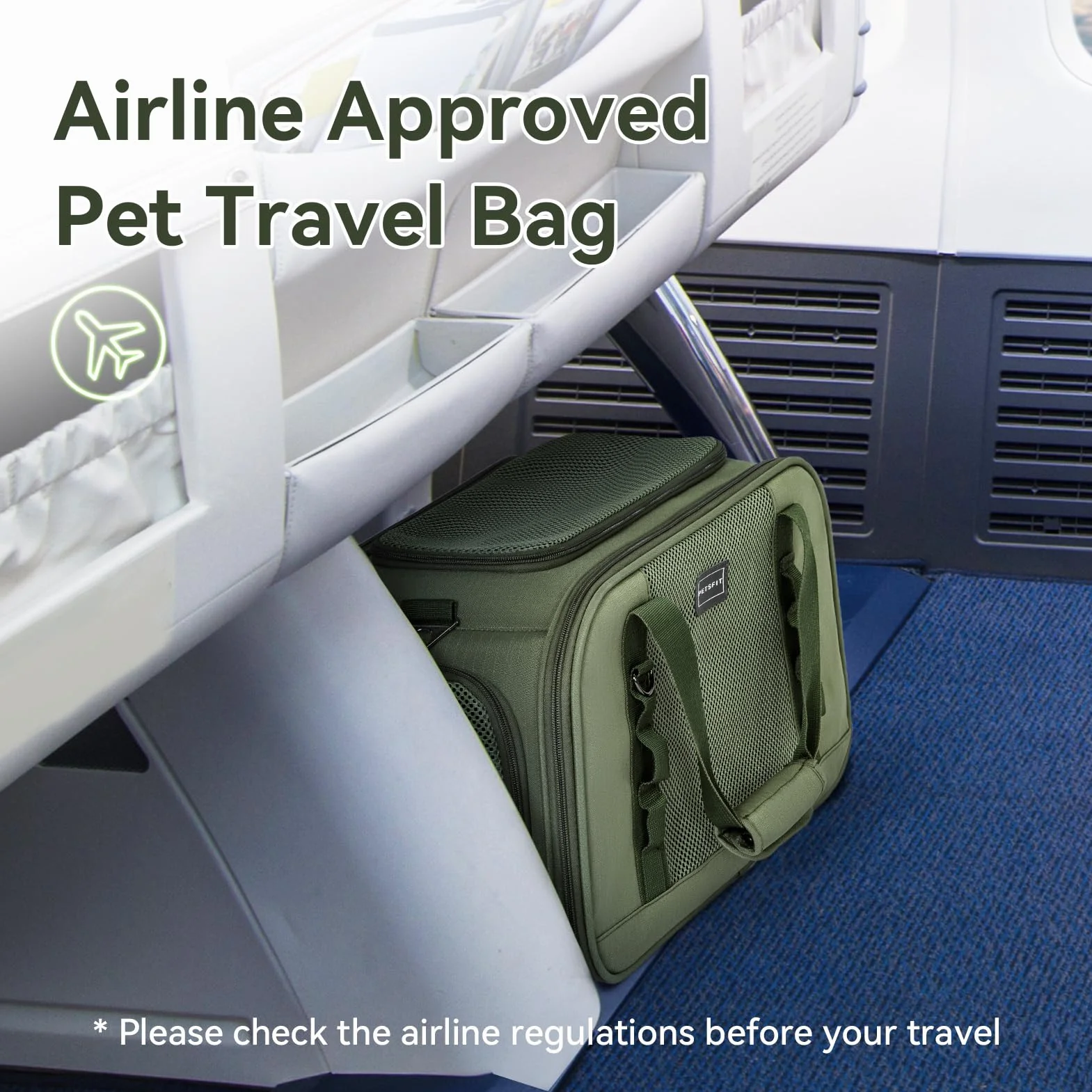 Petsfit Torba transportowa dla kota z kocem, stabilna i oddychająca, oliwkowa zieleń (49 x 23 x 28 cm)