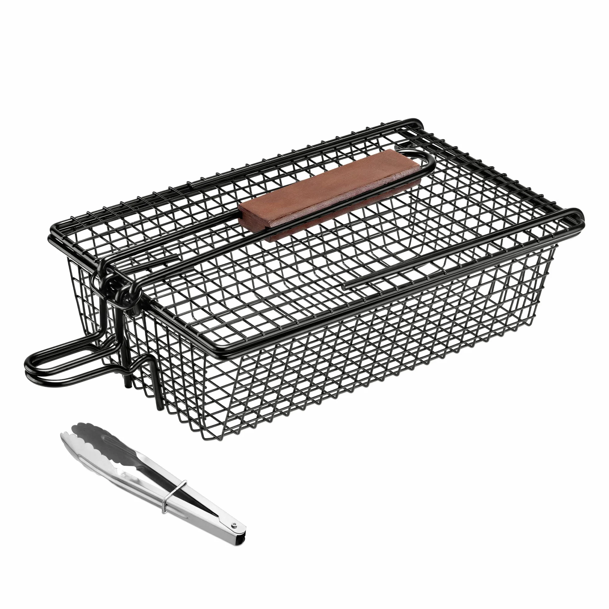 Navaris Kosz do grillowania z uchwytem – w zestawie pęseta do grilla – 28 x 19,5 x 9 cm – akcesoria do grilla, kosz na ryby, warzywa, mięso, kosz na warzywa i ryby