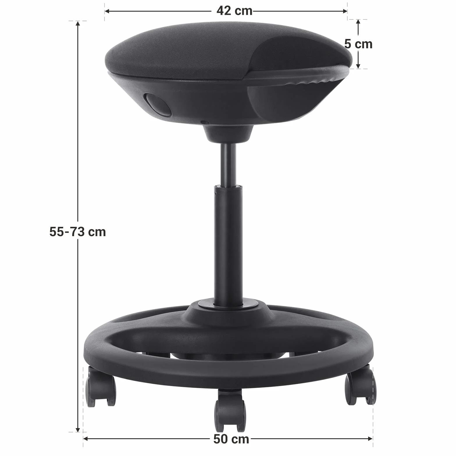 SONGMICS Dynamiczny stołek roboczy, ergonomiczne obrotowe krzesło biurowe z kółkami, bardzo duże siedzisko, nachylenie 10°, regulowana wysokość, grube wypełnienie, czarny OSC06BK