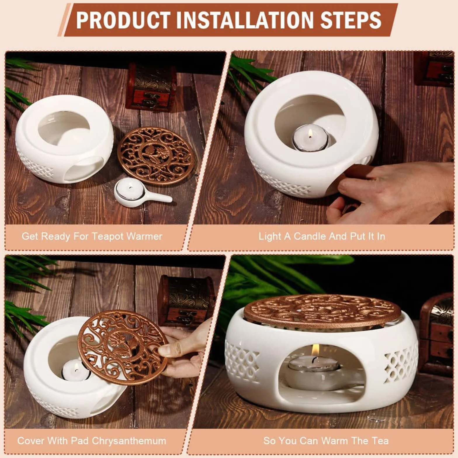 ceramiczny podgrzewacz do dzbanka do herbaty, porcelanowy uchwytny podgrzewacz do herbaty z matą do kuchenki, puste rzeźbione wzornictwo