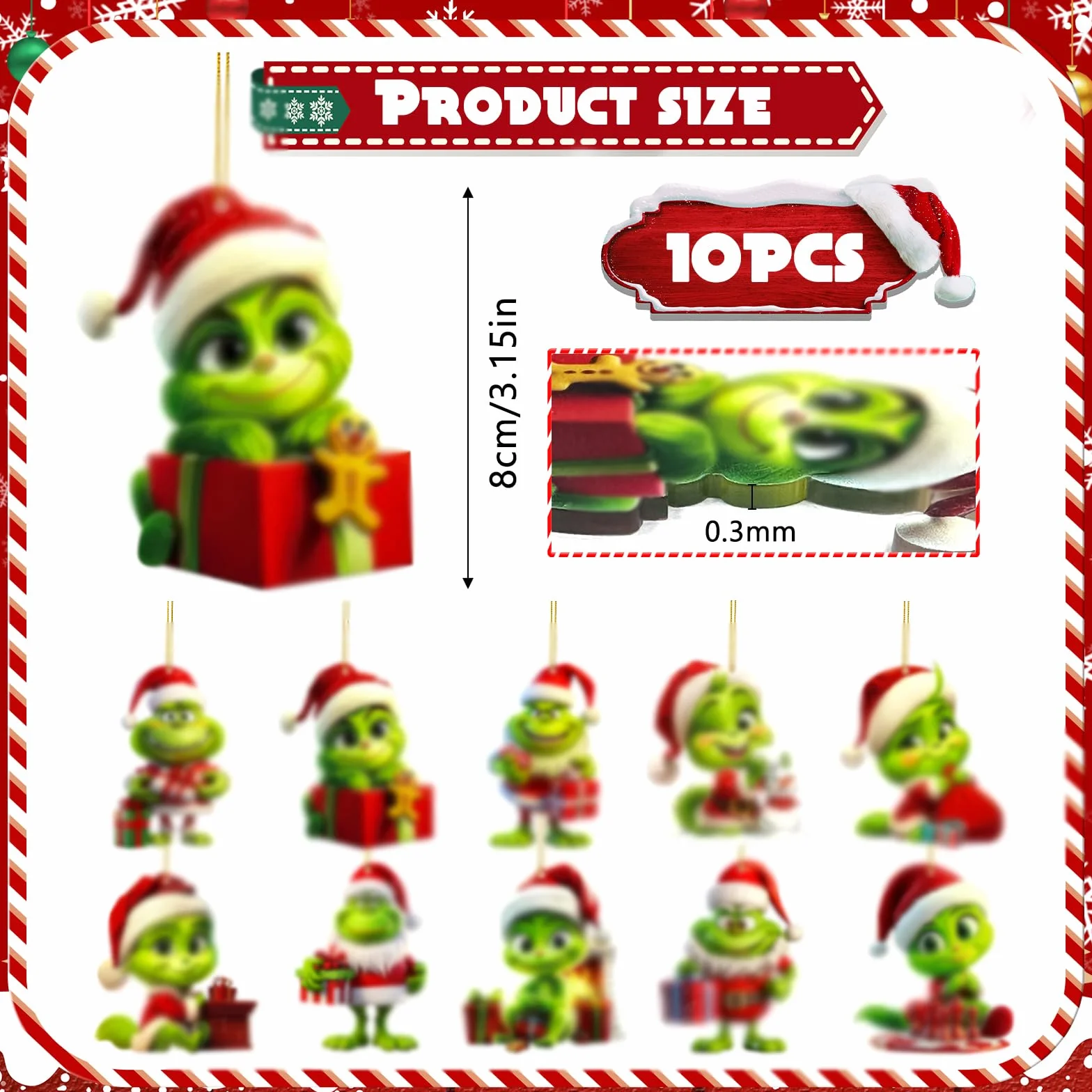 Grinch Dekoracja bożonarodzeniowa, 10 sztuk akrylowych zawieszek bożonarodzeniowych, Grinch zestaw ozdób choinkowych, wesoła ozdoba bożonarodzeniowa na choinkę, urlop, imprezę