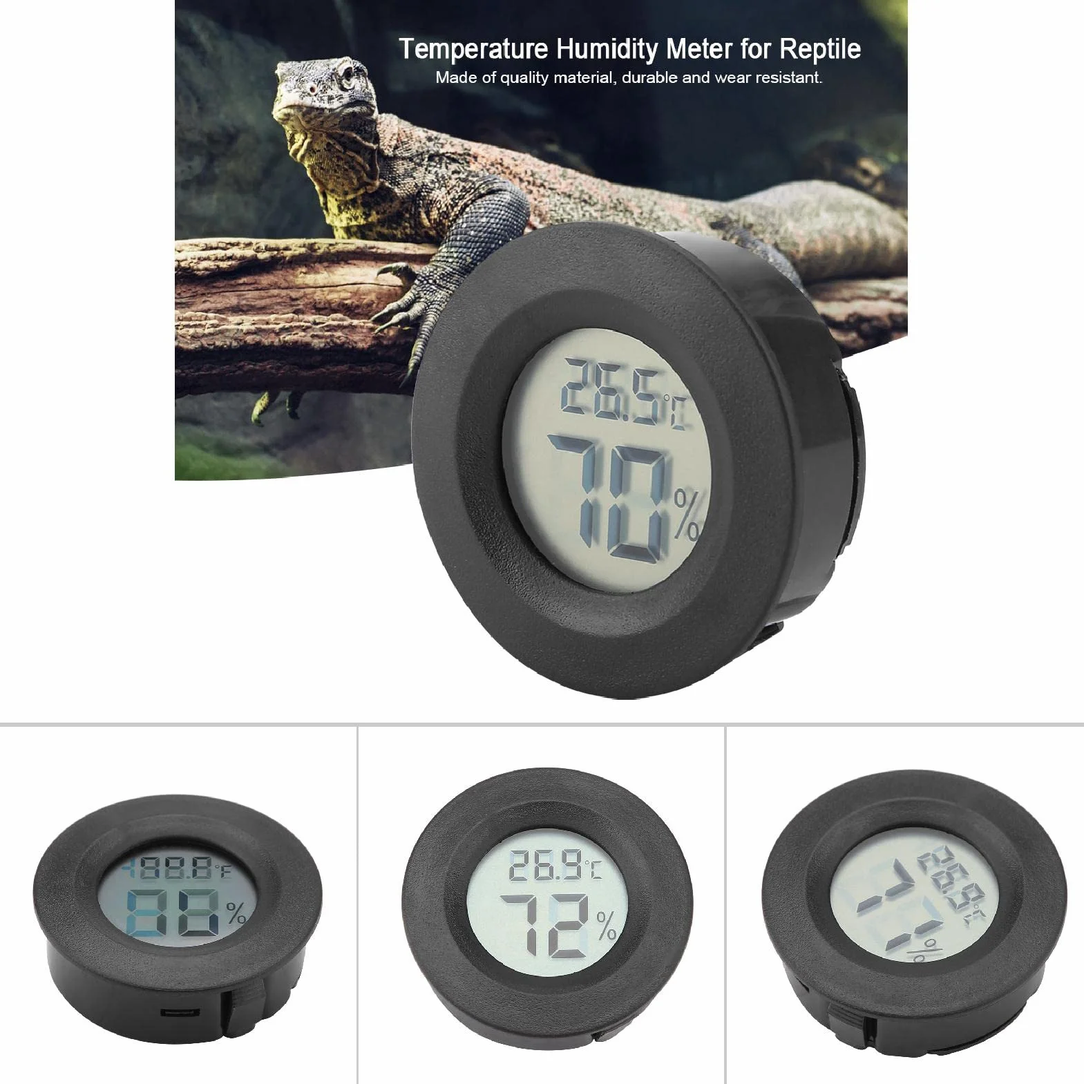 Cyfrowy mini termometr LCD z higrometrem Terrarium Okrągły miernik wilgotności dla gadów czarny