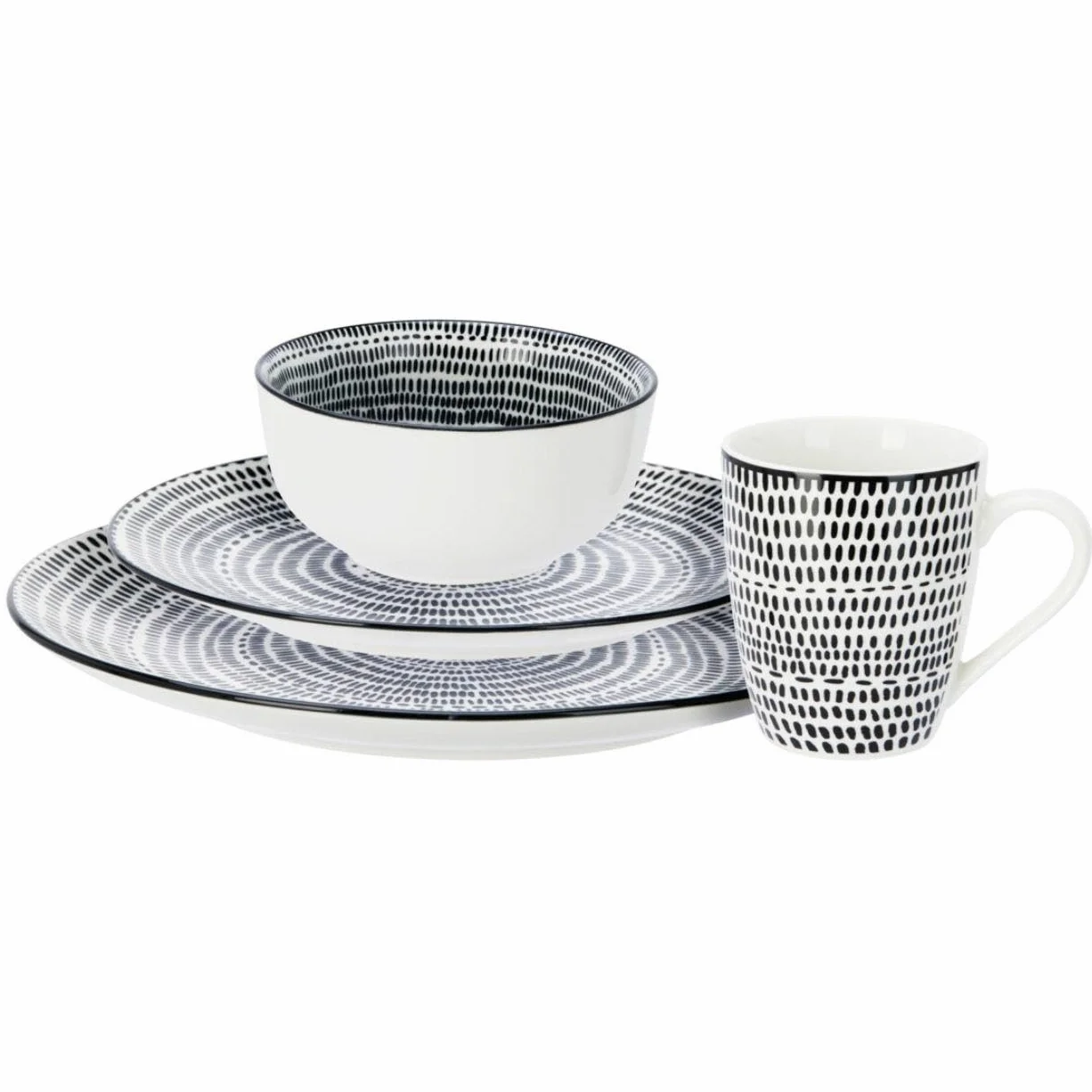 16-częściowy zestaw naczyń, porcelana, czarno-białe, talerze, miseczki, miski, wzór w paski, serwis dla 4 osób, nowoczesny