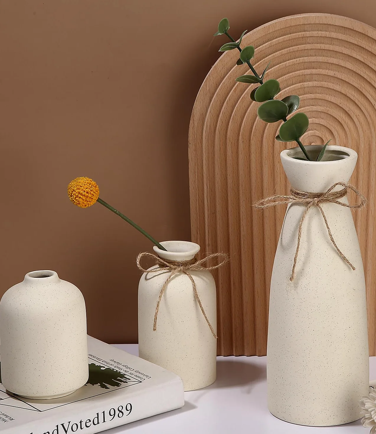 Beżowy Ceramiczny Wazon zestaw 3, nordycki współczesny i minimalistyczny wazon na kwiaty do wystroju domu, bukiet Pampas trawa Suszony świeży kwiat, centralny wystrój stołu