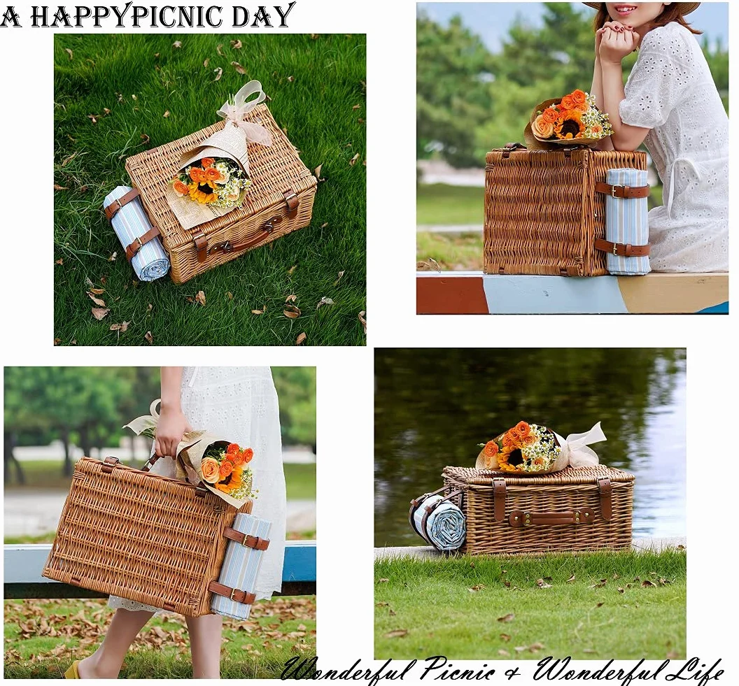 HappyPicnic Wiklinowy kosz piknikowy dla 4 osób, Willow Storage Hamper, zestaw upominkowy na kemping i imprezę na świeżym powietrzu (rozmiar M dla 2 osób)