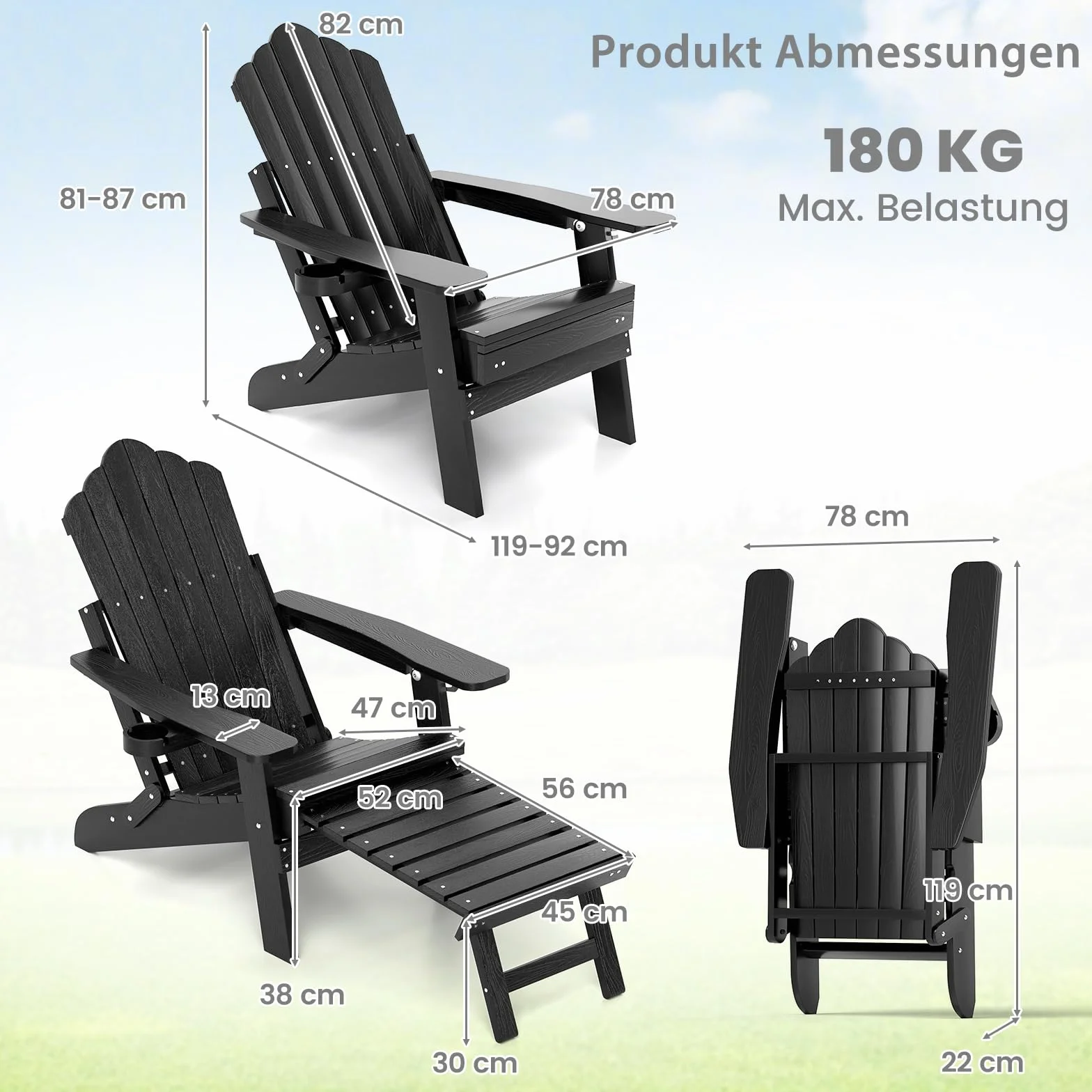 COSTWAY Składane krzesło Adirondack z podnóżkiem i regulowanym oparciem, odporne na warunki atmosferyczne Adirondack Chair z tworzywa sztucznego, fotel ogrodowy z uchwytem na napoje, do ogrodu, na
