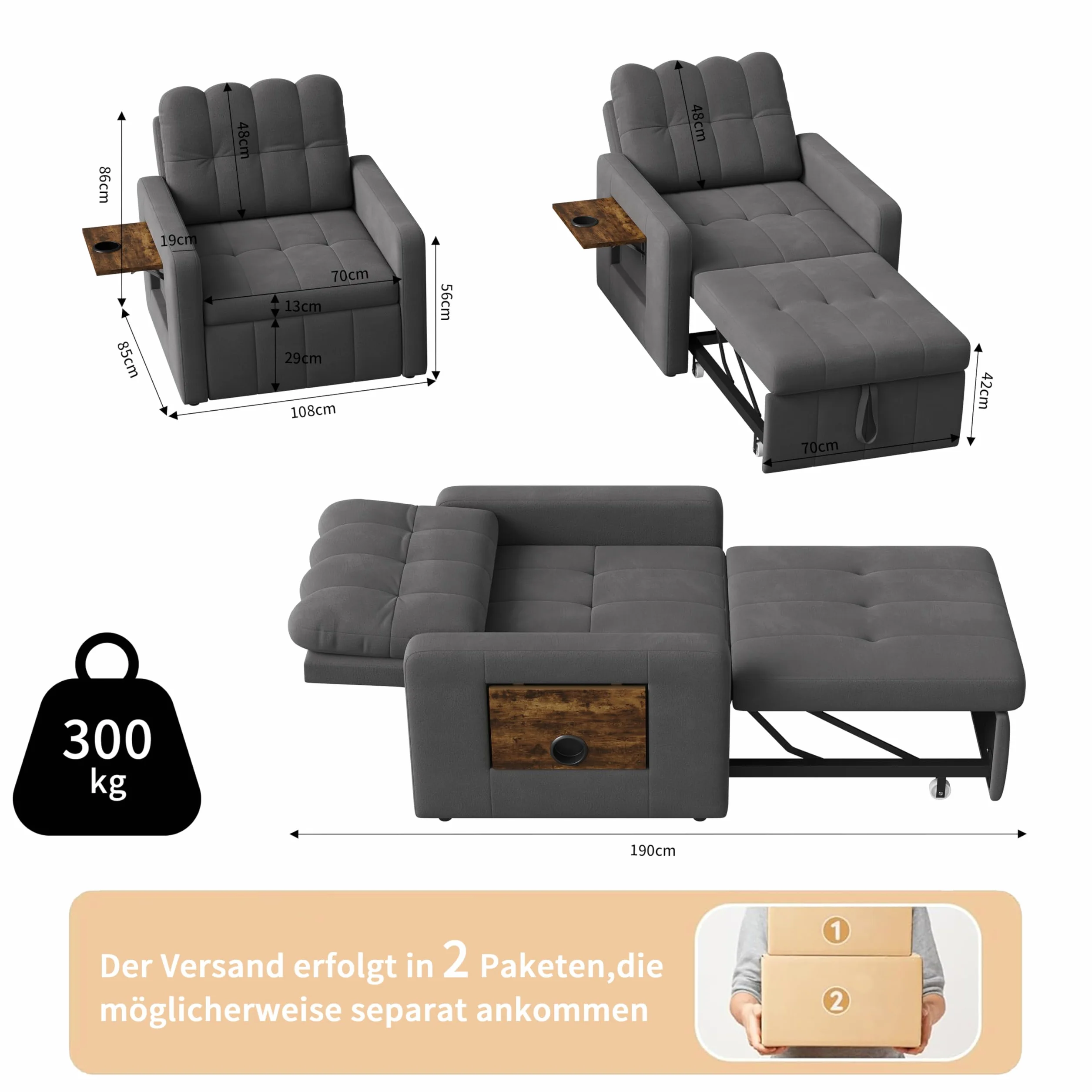 Mała sofa z funkcją spania 3 w 1, rozkładane łóżko 190 cm z kieszenią boczną, fotel do spania, fotel relaksacyjny, rozkładana sofa, taboret do spania z funkcją łóżka do 200 kg, szary materiał