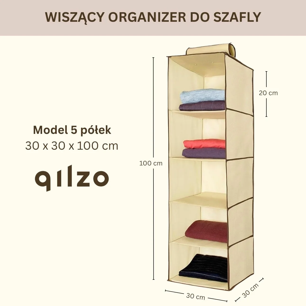 Organizer do szafy na ubrania 30x30x100cm, Organizer na ubrania z tkaniny 5 półek, wiszące półki na rzep, składana szafa do przechowywania, organizator koszulki, spodnie, torby, buty