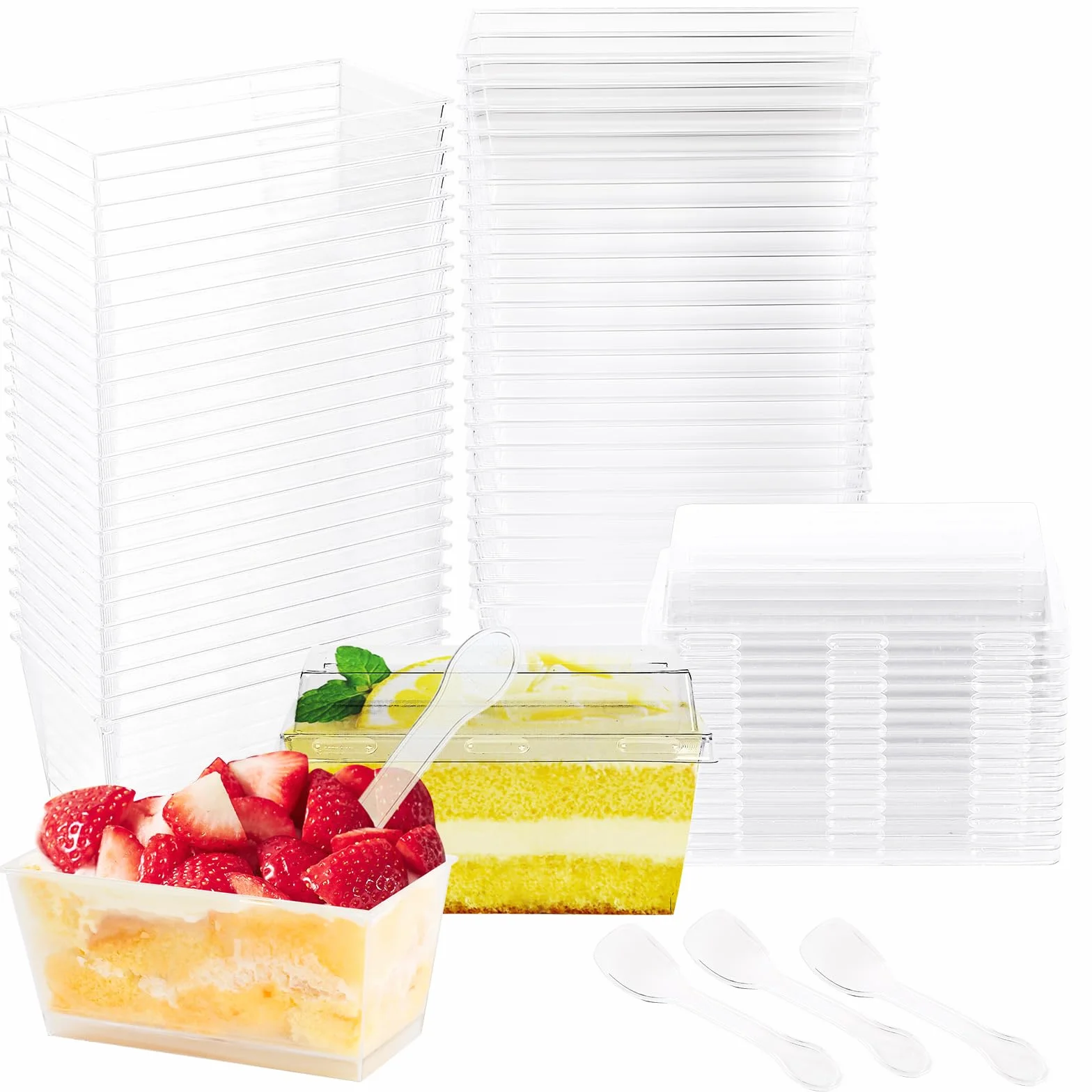 50 sztuk mini kubeczków deserowych, 160 ml prostokątne szklanki deserowe z pokrywką i łyżeczką, szklanki deserowe plastikowe wielokrotnego użytku, puddingów, musów, na przyjęcia