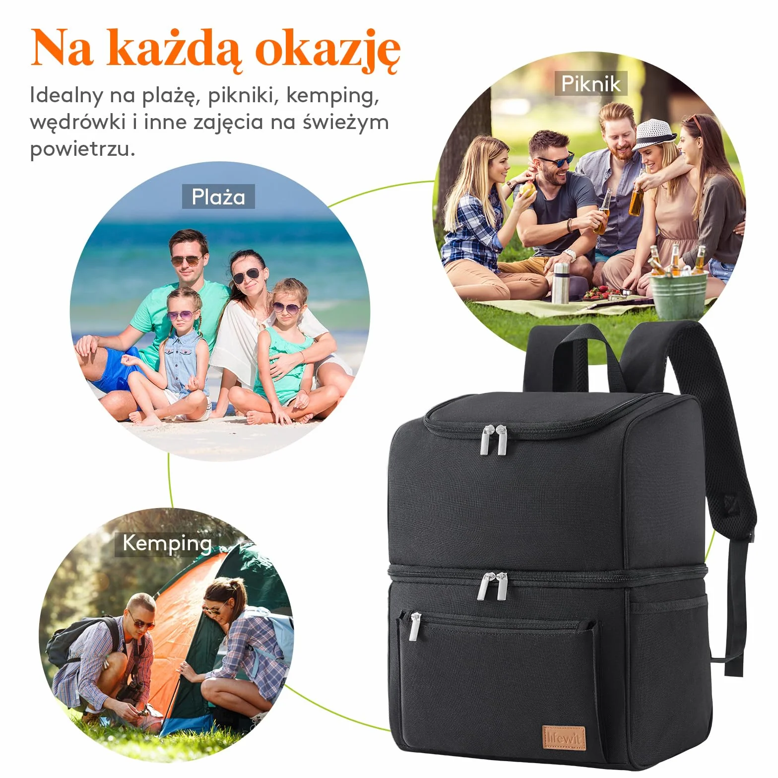 Lifewit 21l 30-puszek Izolowana Torba Chłodząca Plecak Termiczny Torba Na Lunch, Torba Szczelna Podwójna Plecak chłodzący Na Żywność Dla Mężczyzn Kobiet Matek Na Lunch/piknik/zakupy/podróż,Czarny