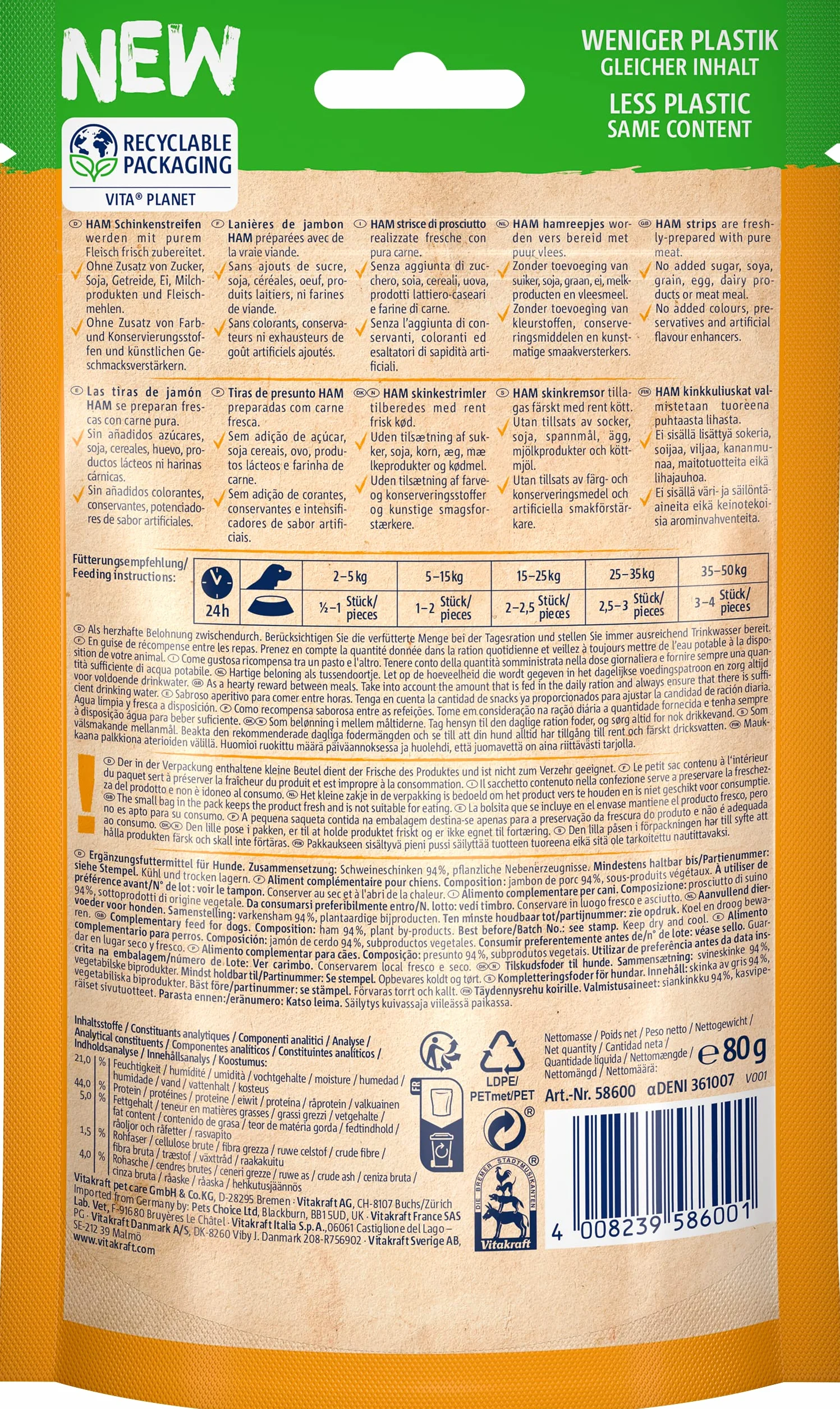 Vitakraft Przekąski mięsne, paski z szynką, smakołyki dla psów, bez zbóż, w zamykanym woreczku, bez dodatku cukru (1 x 80 g)