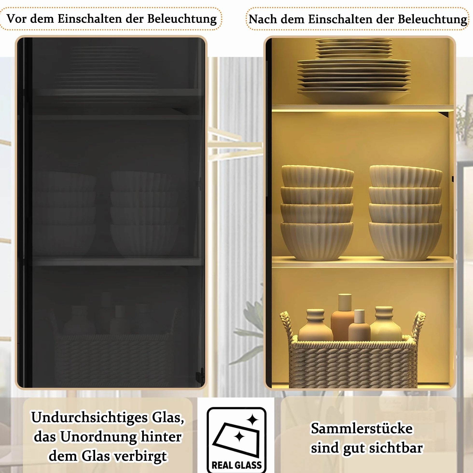 Witryna LED 140 x 40 x 160 cm – regał na książki i szafka wielofunkcyjna ze szklanymi i otwartymi przegródkami, delikatnie zamykające się zawiasy, wielokolorowe oświetlenie LED, pyłoszczelna szklana