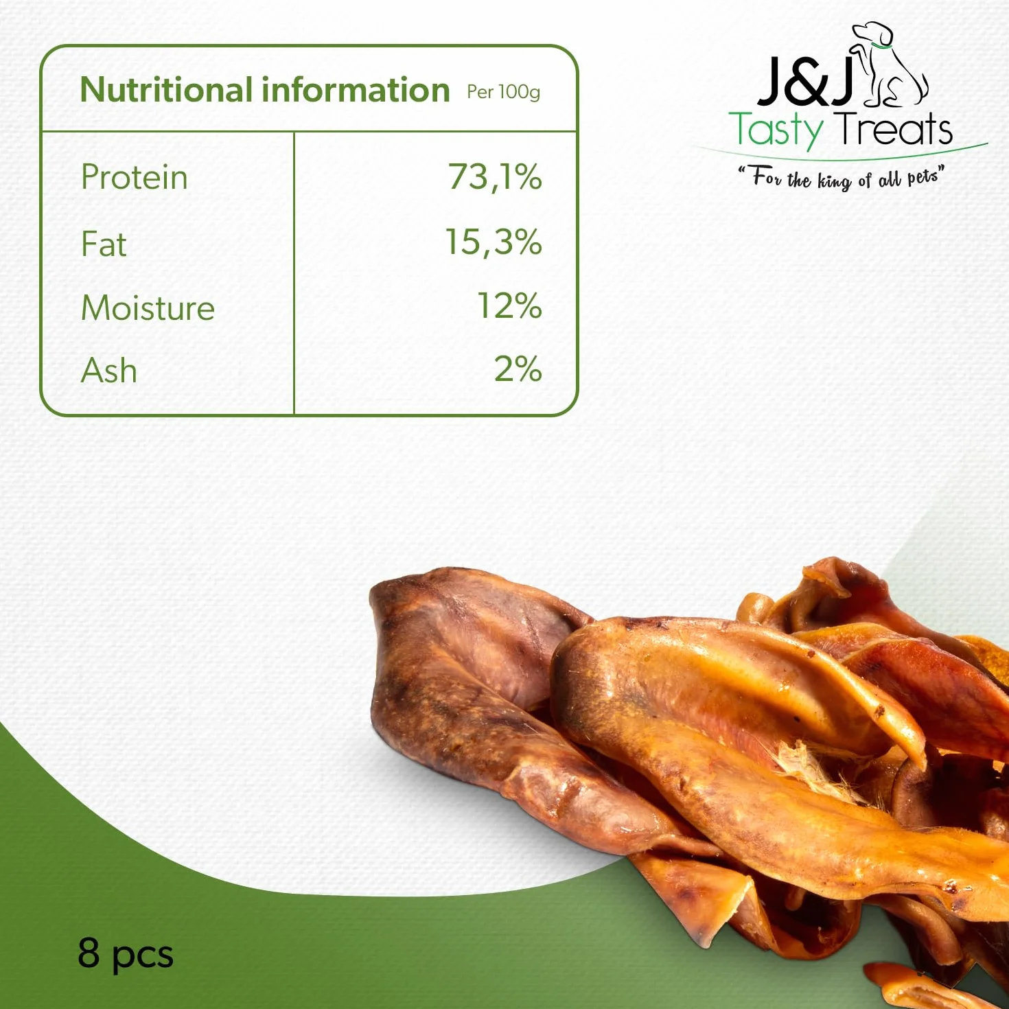 Ucho Wieprzowe dla Psa Duże, Sztuk, Zdrowe Naturalne Gryzaki dla Psa, Najwyższej Jakości Suszone Smakołyki dla Psa, Całe Wieprzowe Uszy dla Psów od J&J Tasty Treats (8 sztuk (w jednym opakowaniu))