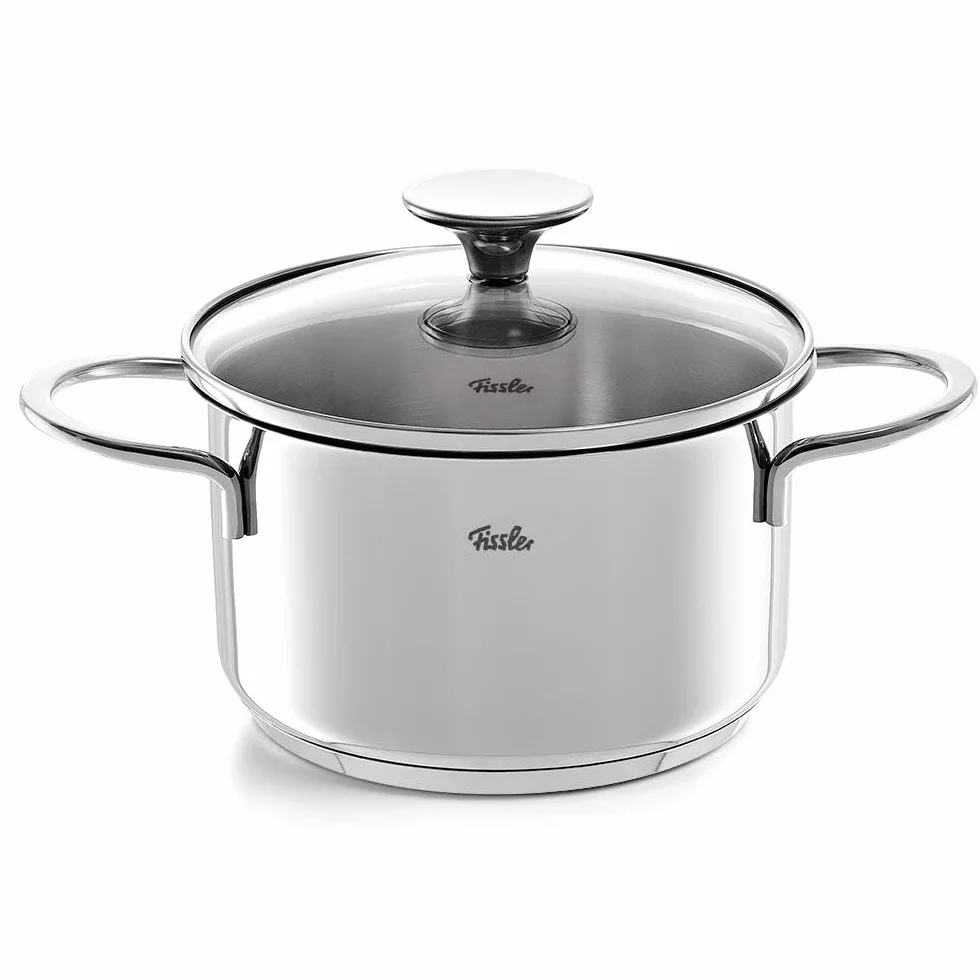 Fissler Copenhagen 4-częściowy zestaw garnków ze stali nierdzewnej, garnki ze szklaną pokrywką, 3 garnki, 1 garnek do smażenia – indukcyjny