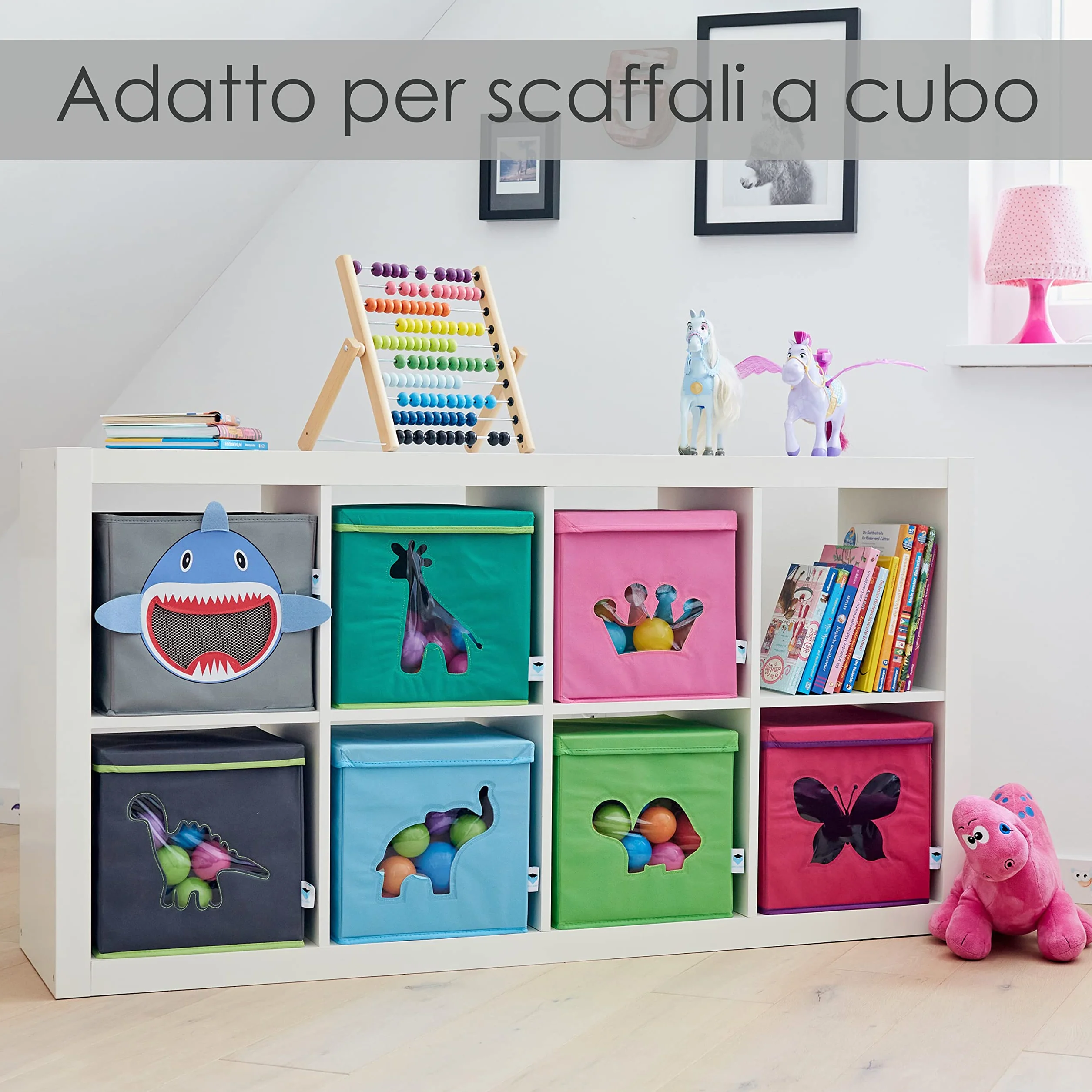 Love IT Store IT pudełko do przechowywania dla dzieci – wkład Kallax z materiału – wzmocnione kartonem – z okienkiem – szare z rekinem – 30 x 30 x 30 cm