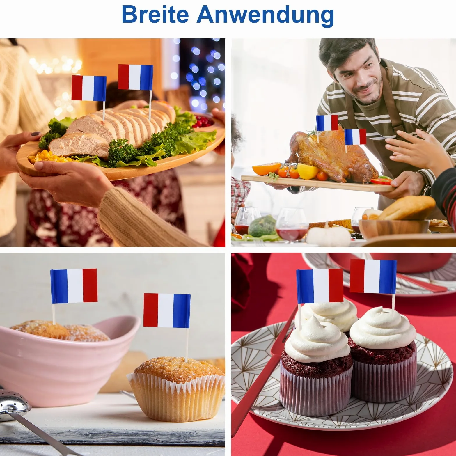 120 sztuk wykałaczek z flagą Francji, dekoracyjne wykałaczki, drewniane flagi do koktajli, do ciast, ciastek, muffinek, lodów, owoców