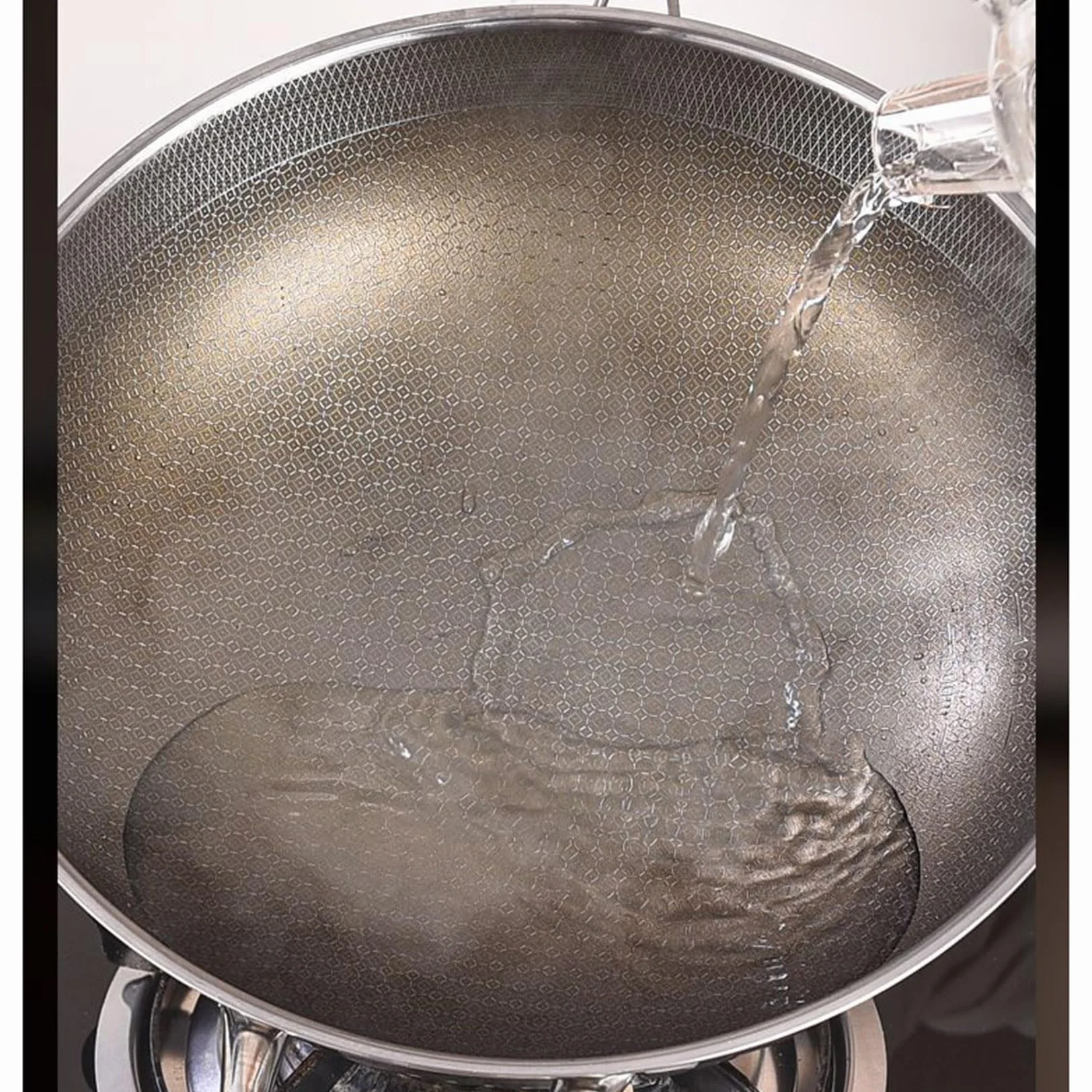 Niepowlekany tytanowy wok, nieprzywierający, 32 cm / 34 cm, stal nierdzewna, trójwarstwowa konstrukcja, metalowy, nadaje się do użycia w zmywarce, wysokość 9 cm (srebrny, 34 cm)