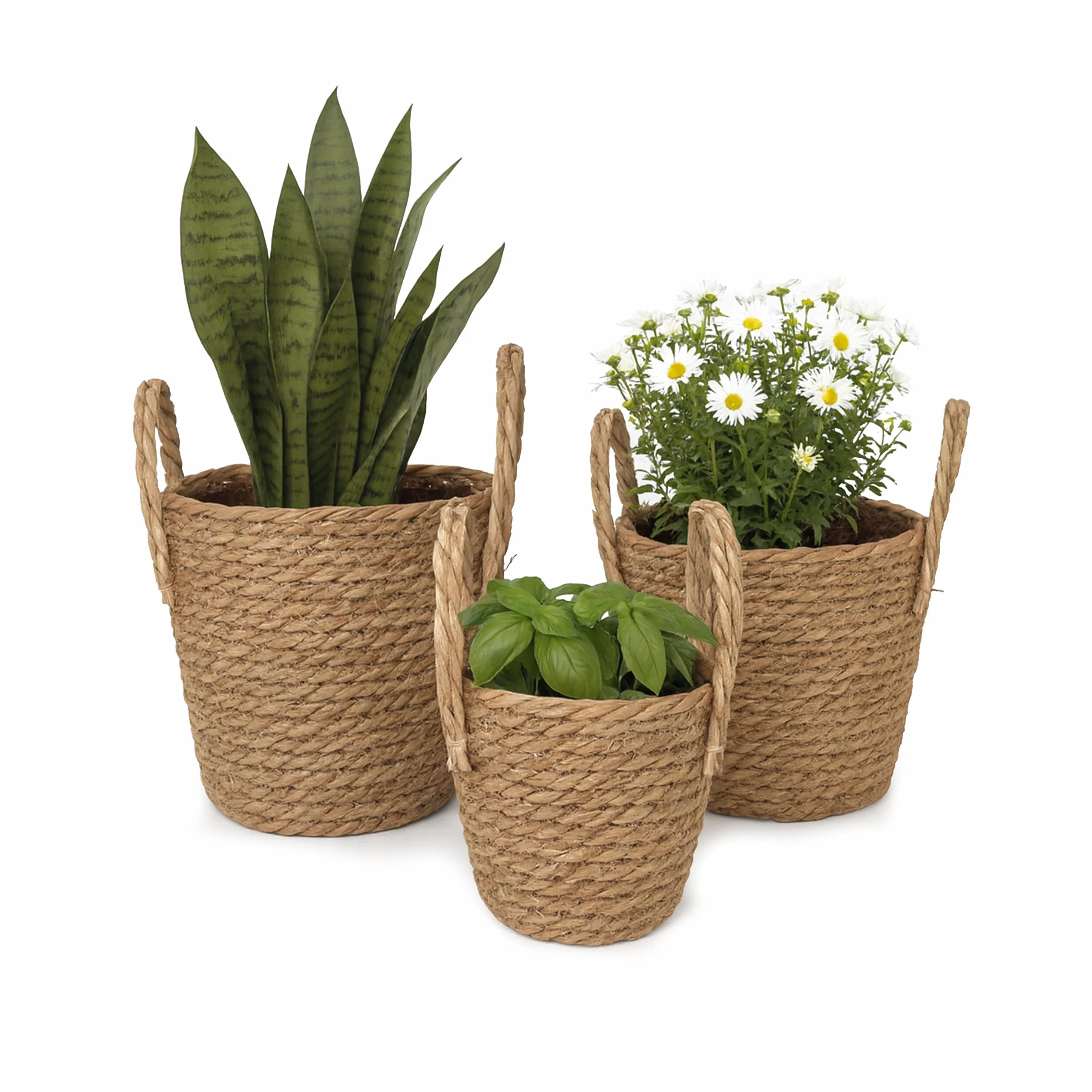 Relaxdays Doniczka z wkładką i uchwytami, zestaw 3 sztuk, trzcina, 3 rozmiary, styl boho, okrągłe doniczki, naturalna