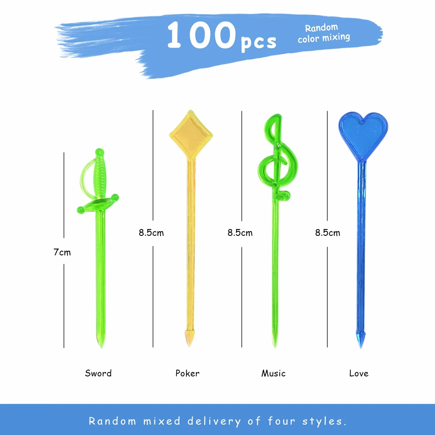 100 szt. plastikowy widelec do owoców, zawiera 4 style: serce, karta do gry, zawieszka muzyczna, miecz, akcesoria Bento, miłość, do dekoracji imprezowych, 20 cm