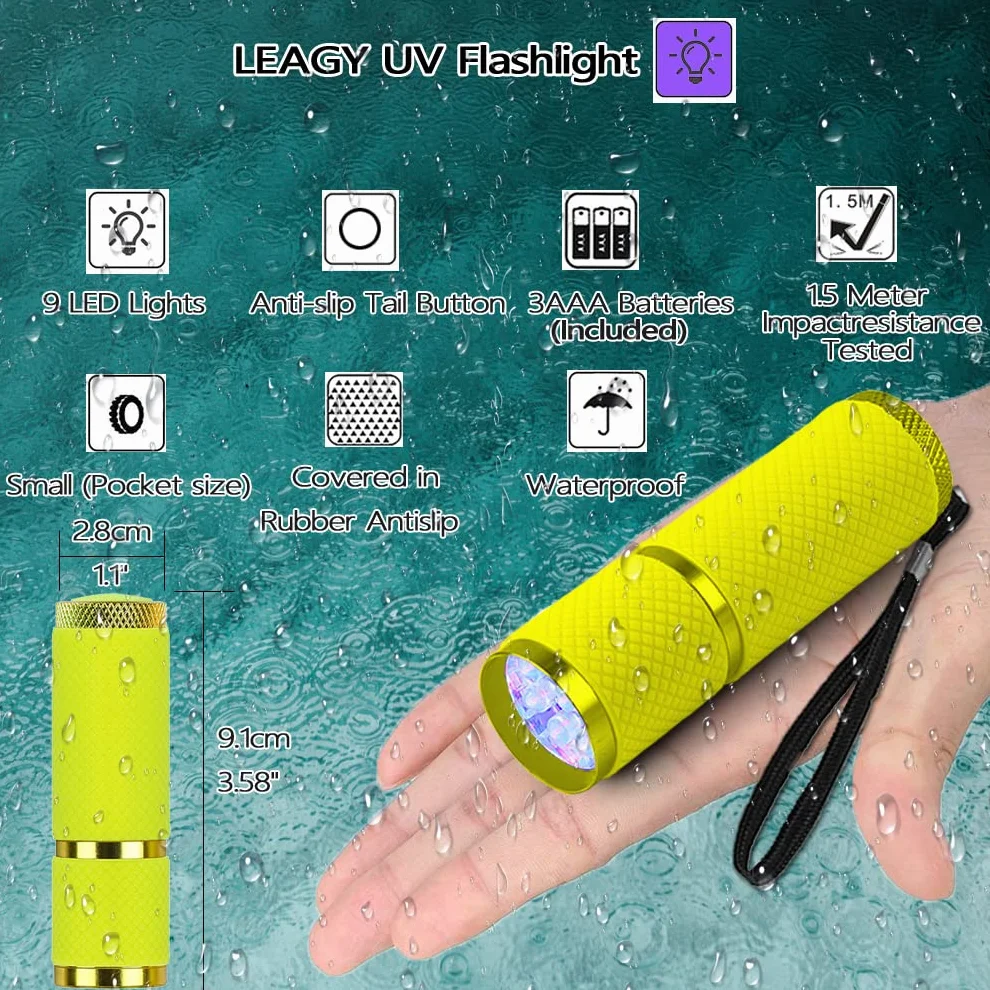 LEAGY Mini latarka UV 2-Pack z 9 diodami LED - wykrywacz moczu psa/kota, substancje fluorescencyjne, plamy, podróbek banknotów (Żółty)