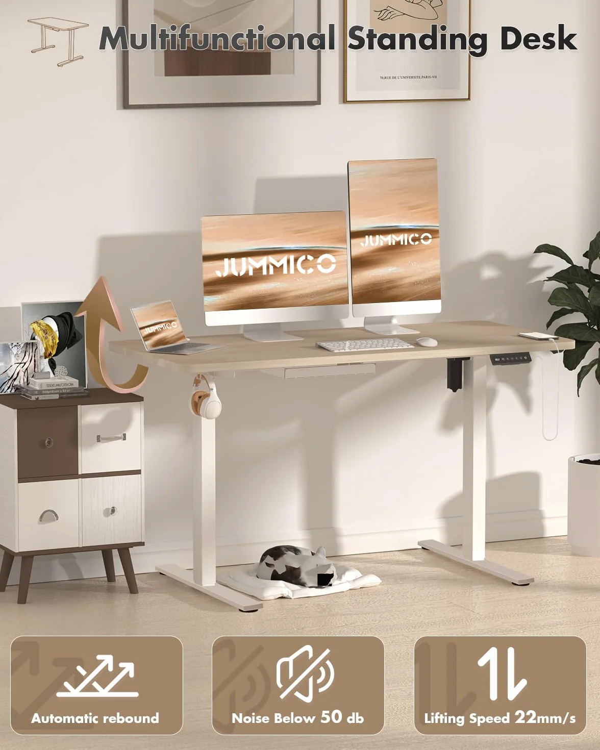 JUMMICO Biurko z elektryczną regulacją wysokości, ergonomiczne siedzisko z blatem, biurko komputerowe z regulacją wysokości, biurko z regulacją wysokości, 100 x 60 cm, beżowe