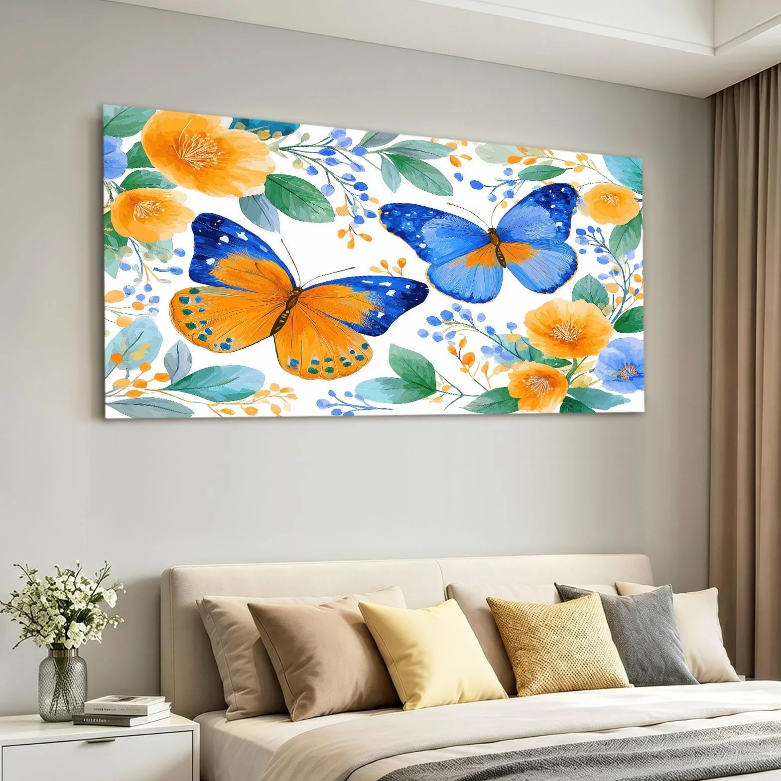 Obraz ścienny w stylu duszpasterskim, obraz na płótnie - ściana na płótnie 120 x 60 cm, nadruk na płótnie z kwiatami, rośliną, motylem, oprawiona sztuka ścienna do salonu i sypialni, dekoracja ścienna