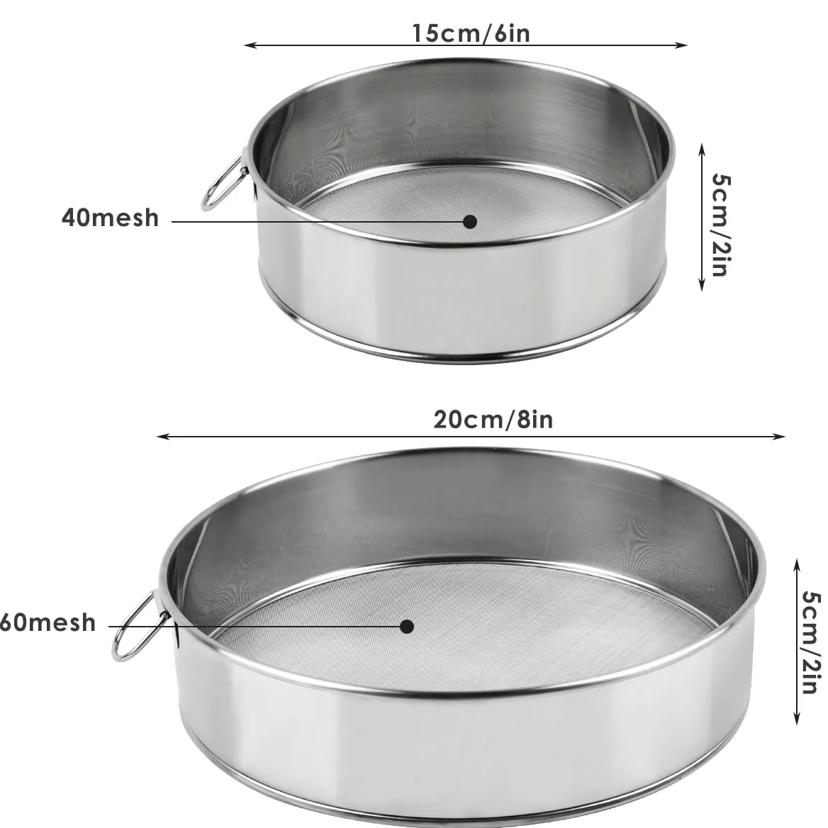 2 sztuki sito do mąki ze stali nierdzewnej Sito do mąki Drobne sito do mąki Drobnooczkowate Profesjonalne sito do mąki 15/20 cm Zestaw drobnych sit Sito do mąki 40/60 Mesh Sito do pieczenia do