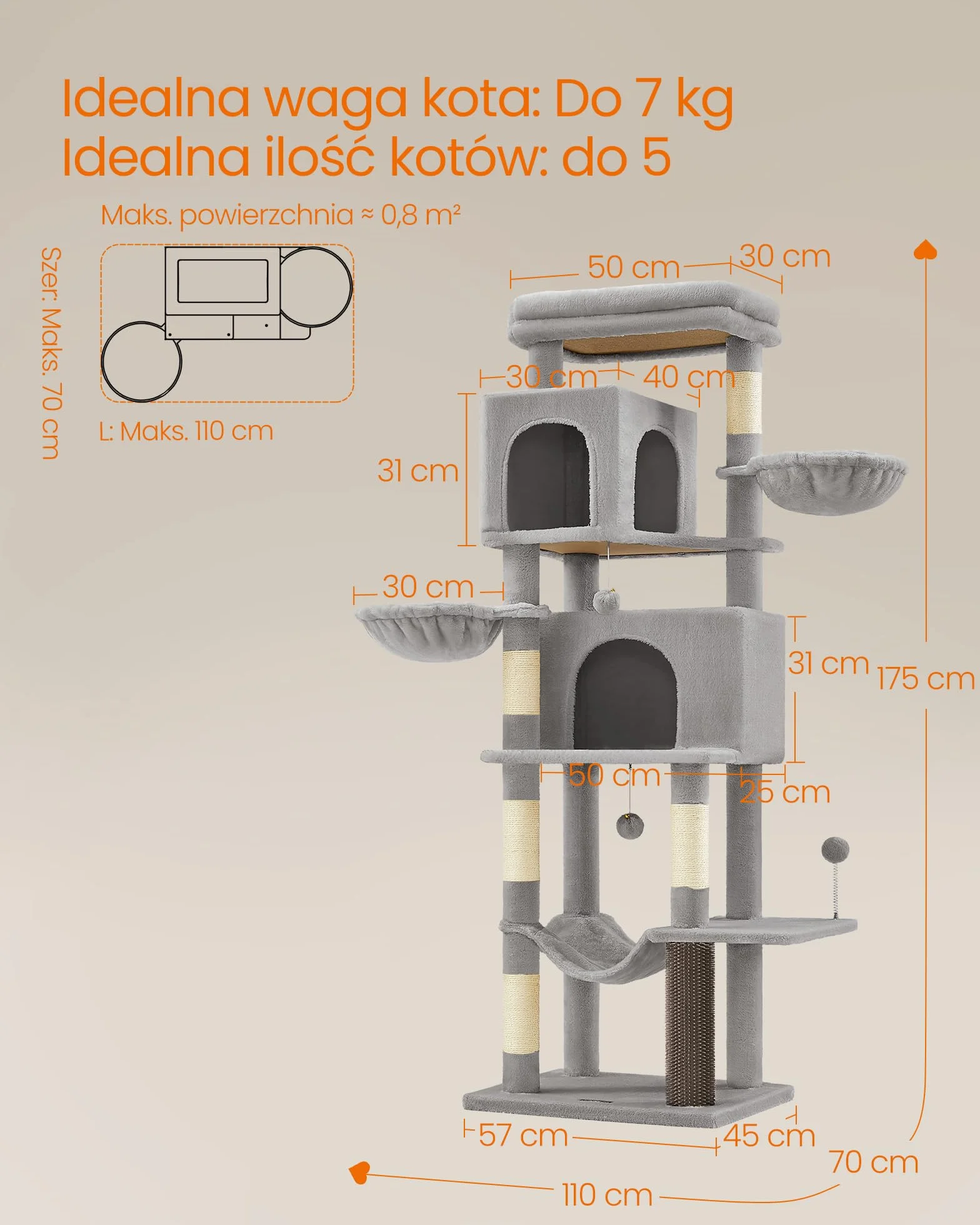 Feandrea Drapak dla kota, wieża dla kota o wysokości 175 cm, wielopoziomowa, z 2 niszami, 2 koszami, 5 drapakami, samodzielna pielęgnacja, okonie, hamak, szarość PCT182G01