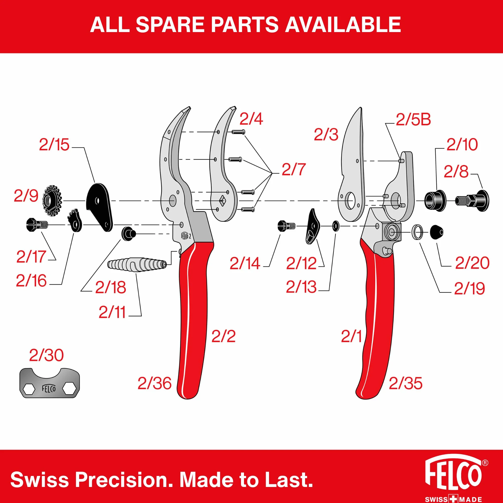 FELCO 2 sekator bypass profesjonalny praworęczny, ostrze 41 mm stal hartowana, kuty aluminiowy uchwyt, precyzyjne cięcie do 25 mm, szwajcarskie narzędzie ogrodowe