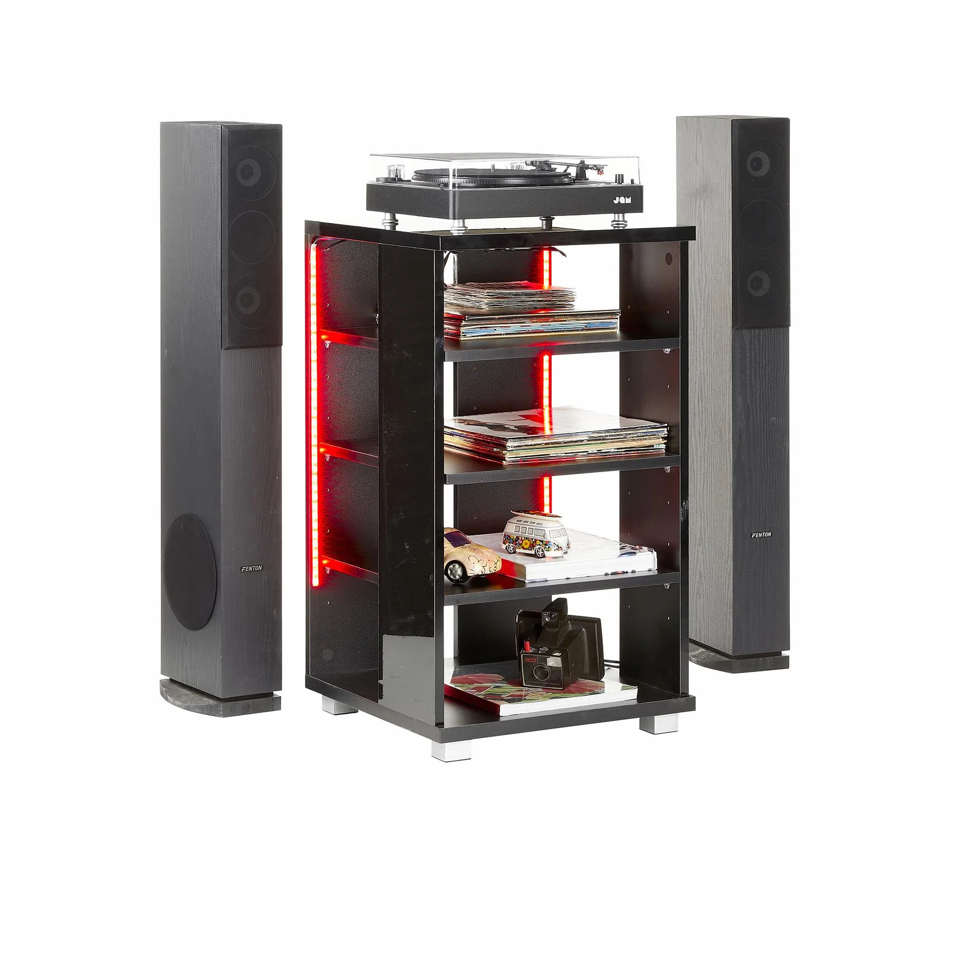 Stojak Hi-Fi z 5 półkami AV, nowoczesny stojak na konsolę pod telewizor z regulowanymi półkami, biały regał do przechowywania Hi-Fi ze światłami LED RGB, stojak do odtwarzacza płyt, głębokość 50 cm