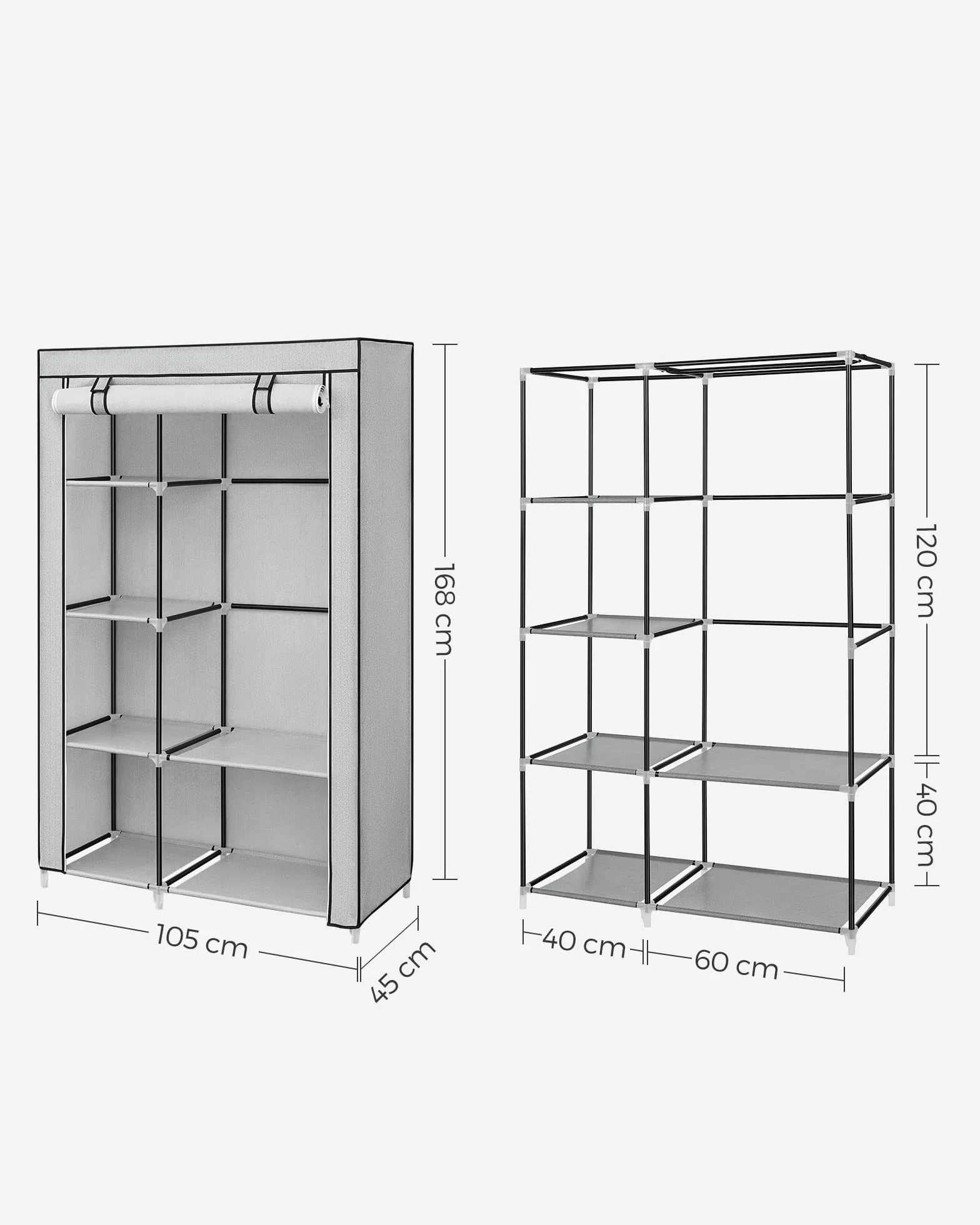 SONGMICS Szafa, wieszak na ubrania, z 1 drążkiem na ubrania, 6 półek, włóknina, metalowa rama, 45 x 105 x 168 cm, do sypialni, przedpokoju, szary ze wzorem w jodełkę RYG085G22