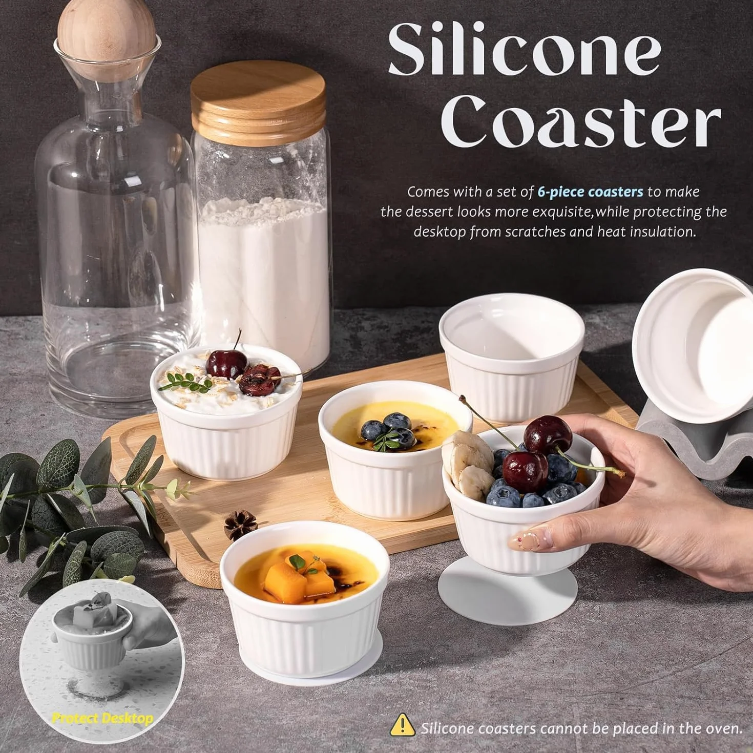 Ramekins zestaw 6 sztuk, 200 ml - 7 oz, porcelanowe ramekiny, ceramiczne naczynia do sufletu, ramekiny odporne na piekarnik, naczynie do crème brûlée 9 cm do ciast, puddingu, lodów i sosów
