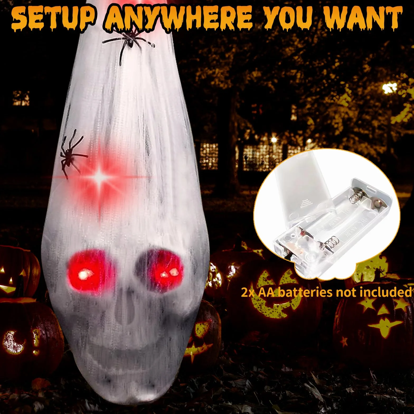 2 dekoracje do zawieszenia na Halloween, czaszka na świeżym powietrzu z 2 pająkami, dekoracja na Halloween, czerwone oko, trupia czaszka, oświetlenie czerwonych oczu