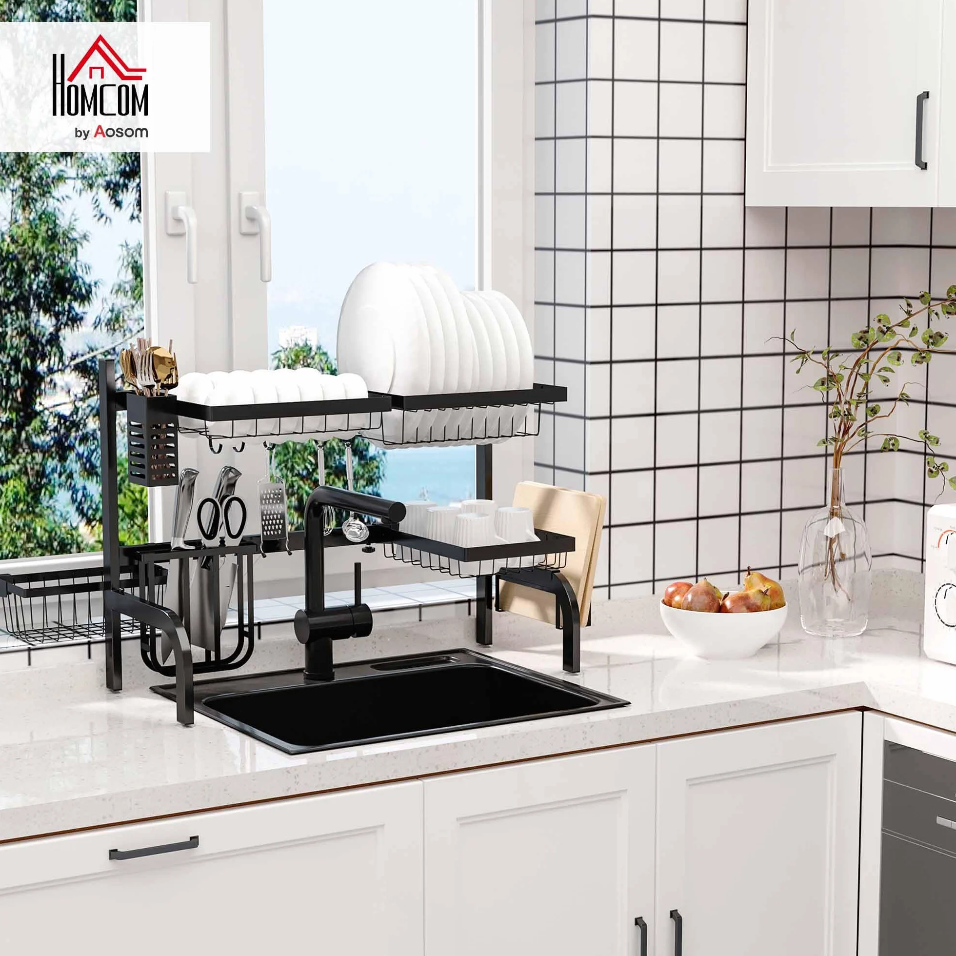 HOMCOM Ociekacz do naczyń, 2-stopniowa kratka ociekowa, stelaż, 51-93 cm, ociekacz z haczykiem, taca ociekowa do zlewozmywaka kuchennego, stal, czarna