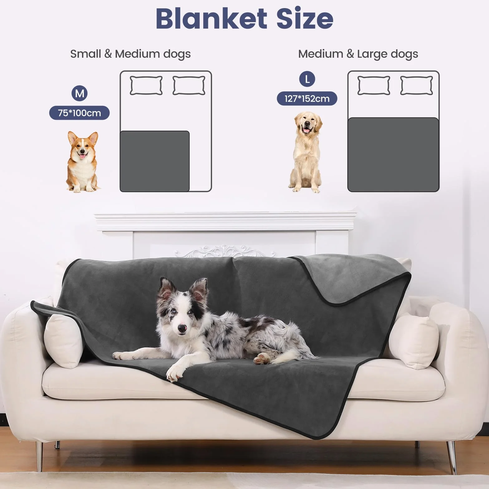 PETTOM Wodoszczelny koc dla psa (152 x 127 cm), miękki koc dla dużych i małych psów, koc ochronny na sofę, łóżko, fotel samochodowy, meble, nadaje się do prania w 30°C (rozmiar L, szary)