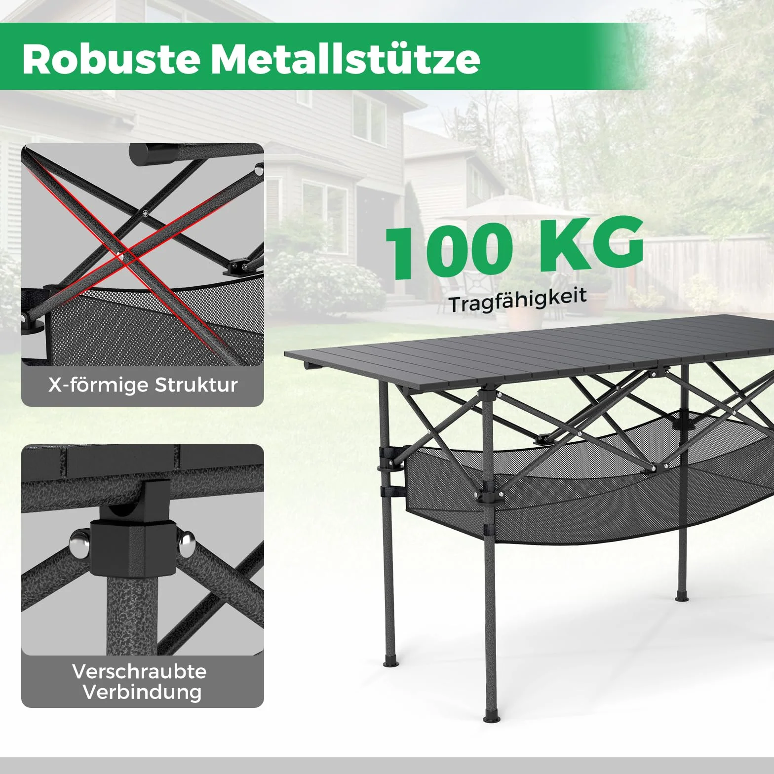 COSTWAY Składany stół kempingowy, 119 x 55 cm, z zwijanym blatem aluminiowym i koszem z siatki, składany stół obciążający do 100 kg, w zestawie torba do przenoszenia, na kemping, do ogrodu (czarny)