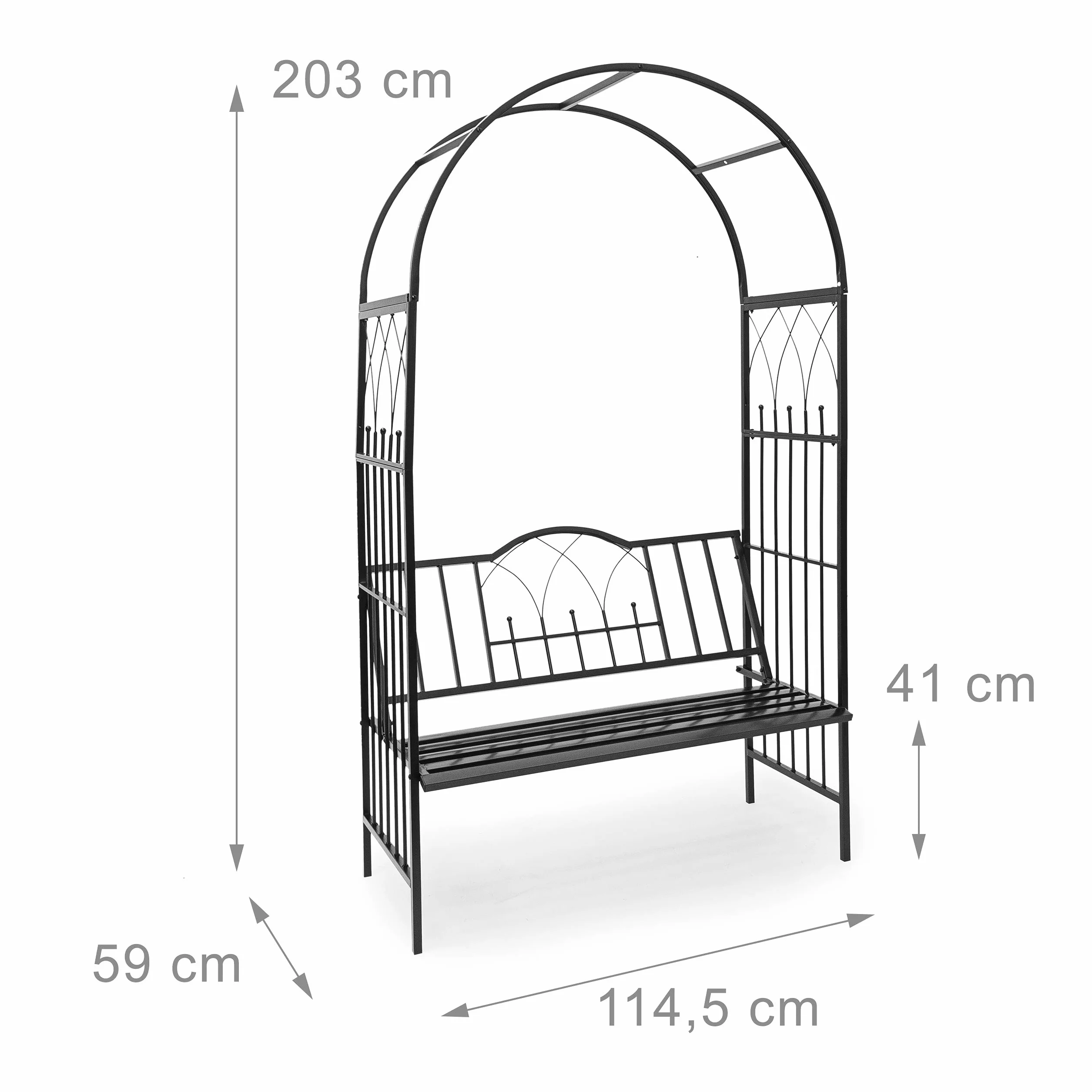 Relaxdays 10020032 pergola z ławką, wys. x szer. x gł.: 203 x 114,5 x 59 cm, kratka do roślin pnących z malowanego proszkowo żelaza z ławką dla 2 osób i piękna ozdoba dla roślin pnących, kolor czarny, 10020032