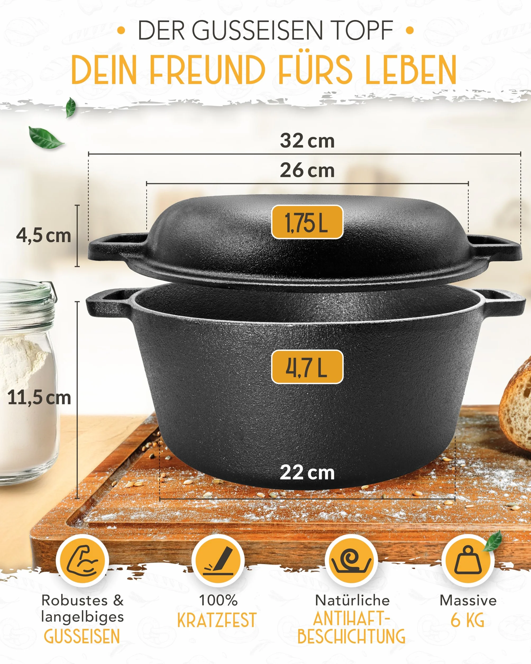KRUSTENZAUBER Żeliwny Garnek do Pieczenia Chleba 26 cm z Pokrywką - Forma do Samodzielnego Przygotowania, Akcesoria